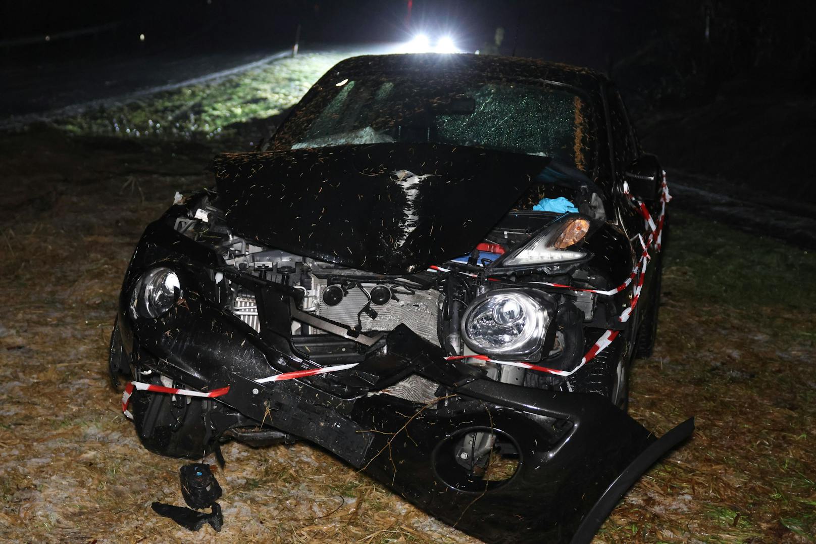 Die Einsatzkräfte der drei alarmierten Feuerwehren befreiten die Lenkerin aus dem<br>Unfallfahrzeug, das nachher ein Stück weit vom Waldrand zurück an den Forstweg gezogen wurde.