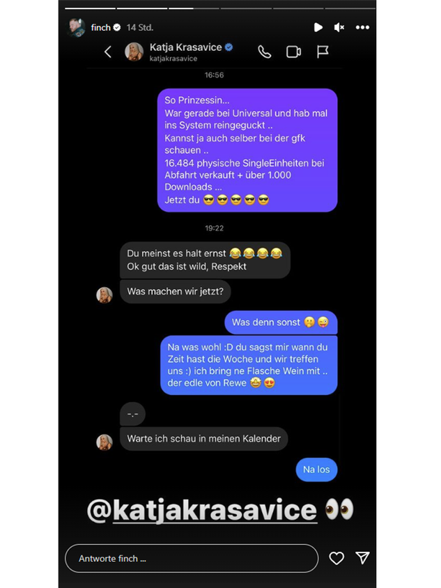 Finch hat die Wette gegen Katja Krasavice gewonnen.