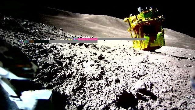 The Smart Lander for Investigating Moon (SLIM), is seen in this handout image taken by LEV-2 on the moon, released on January 25, 2024. Japan Aerospace Exploration Agency (JAXA), TAKARA TOMY, Sony Group, Doshisha University /via REUTERS ATTENTION EDITORS - THIS IMAGE HAS BEEN SUPPLIED BY A THIRD PARTY. MANDATORY CREDIT. NO RESALES. NO ARCHIVES. TEXT PROVIDED AT SOURCE. TRANSMISSION ERROR FROM SOURCE 