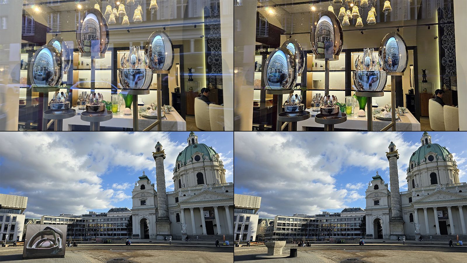 Zweimal KI im Einsatz. Oben: Aus dem Original-Bild (links) werden Spiegelungen entfernt. Unten: Aus dem Original (links) wird eine Kunst-Installation (links unten im Bild) entfernt und durch eine KI-generierte Säule ersetzt.