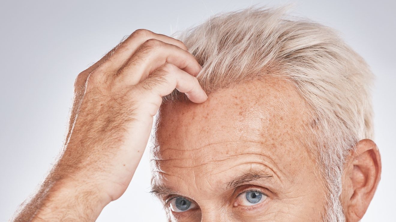 Beauty, thinking and senior man with hair care cosmetic treatment for blonde texture check. Half face of mature caucasian hair model grooming hairstyle textures in gray studio background.