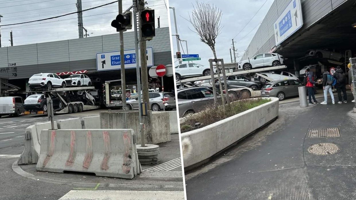 Autotransporter kracht in Brücke