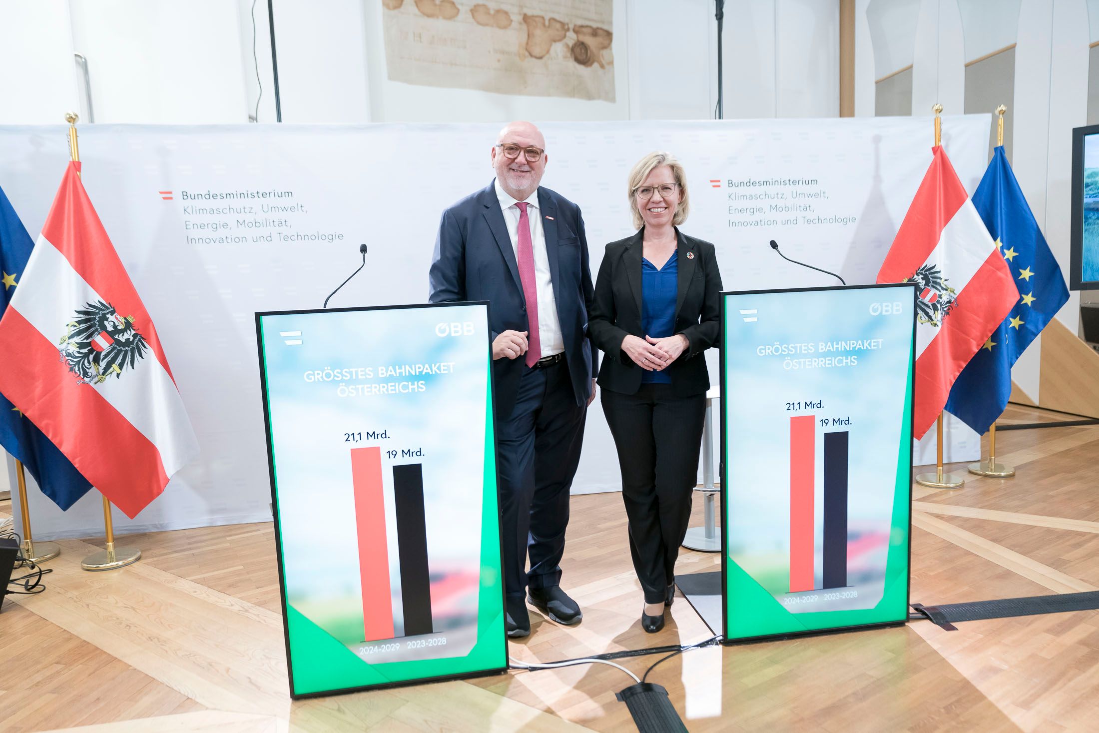 Umweltministerin Leonore Gewessler und ÖBB-Chef Andreas Matthä bei der Präsentation des neuen Bahnpakets im Herbst.