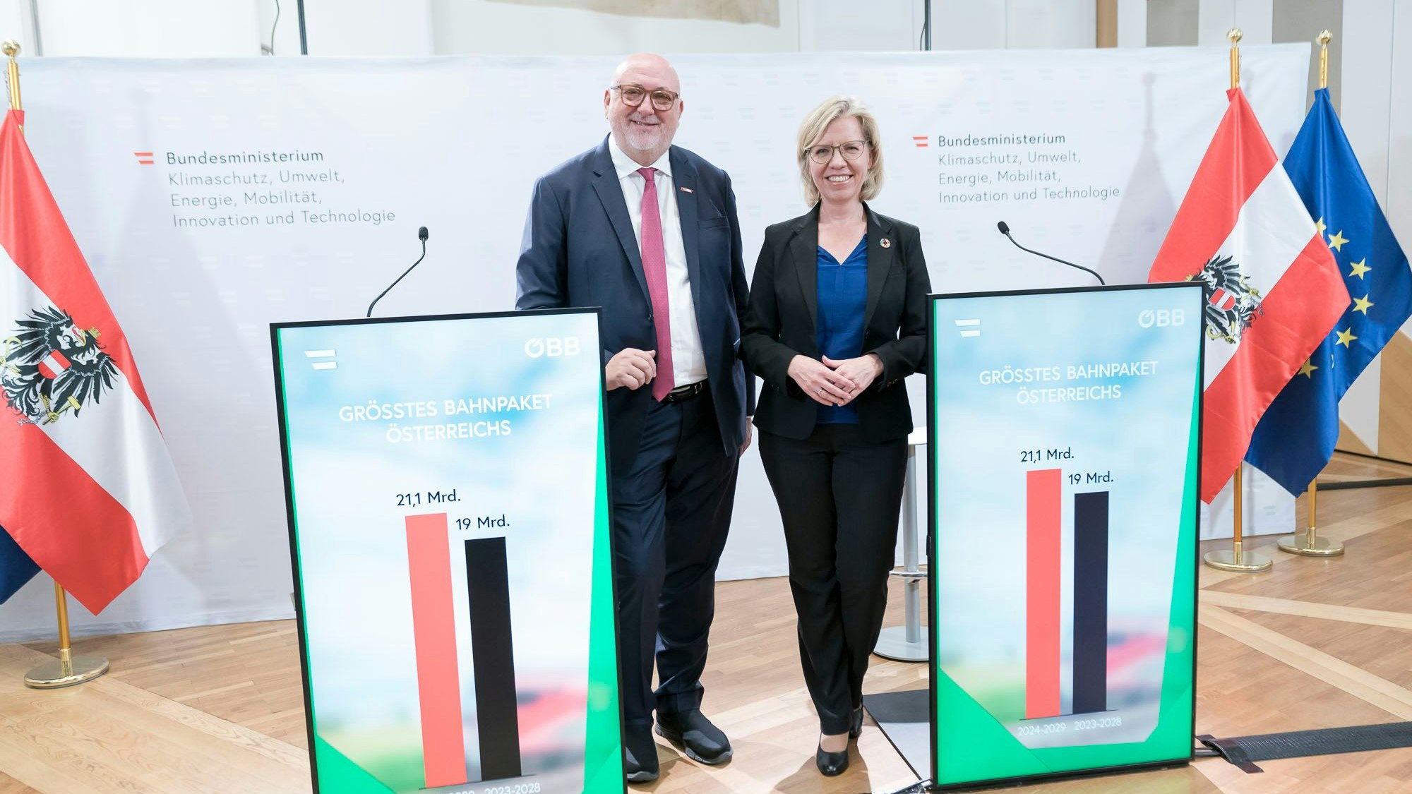 umweltministerin leonore gewessler und andreas matthä (öbb) präsentieren das neue bahnpaket um weiteren ausbau der bahnverbindungen in österreich, 20231030 foto: helmut graf/tageszeitung heute