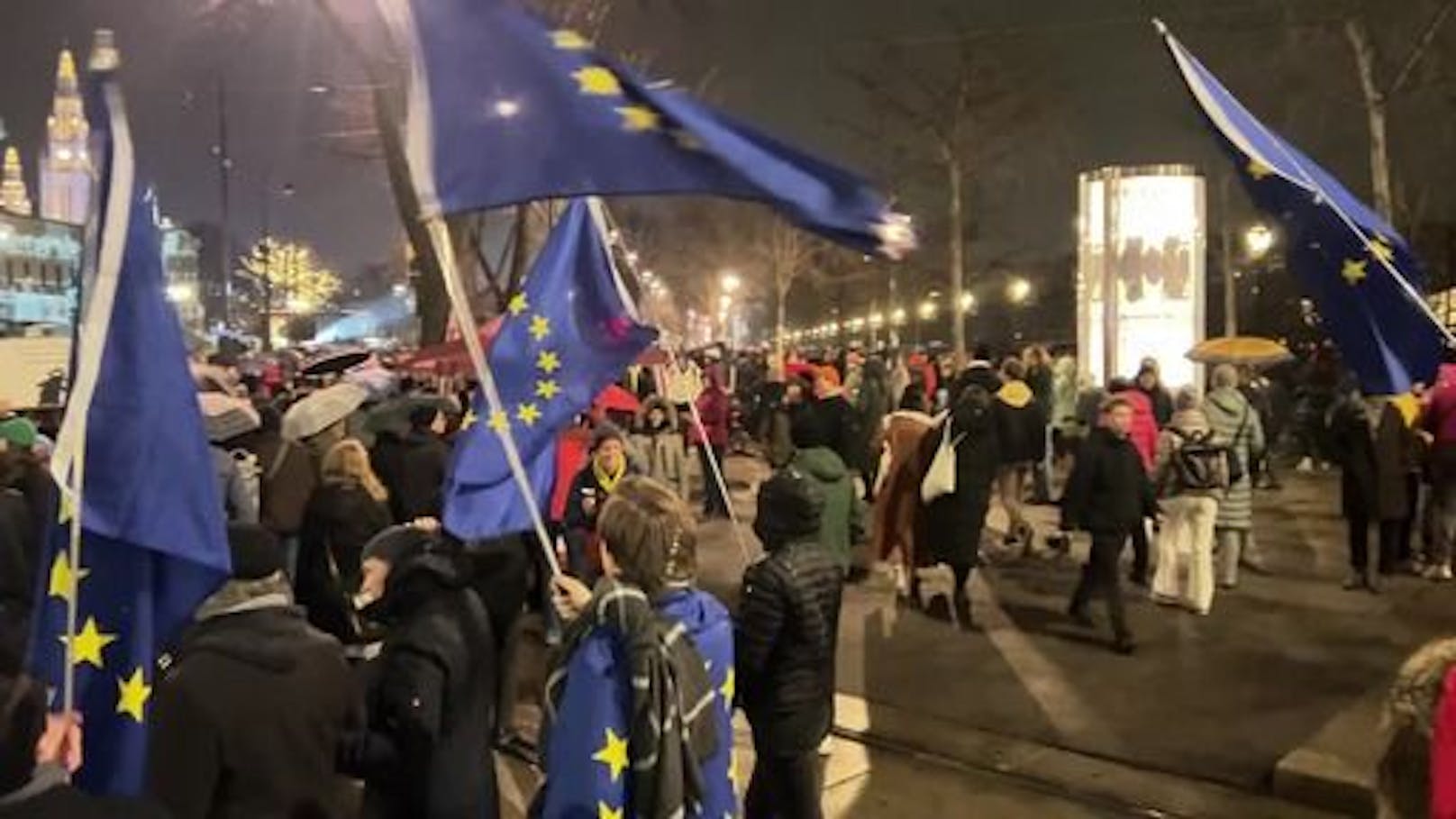 Großdemo in Wien – Trotz Schlechtwetter ist die WIener City voller Demonstranten.