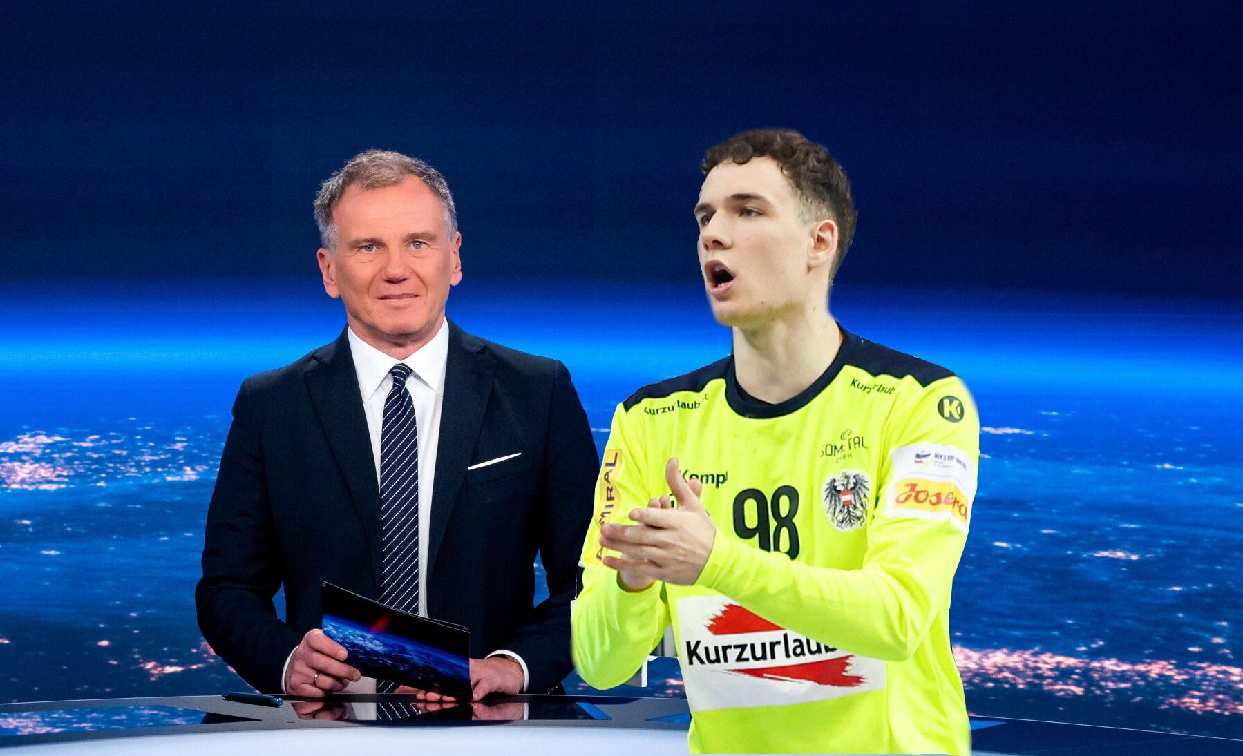 Armin Wolf (l.) interviewte während der Handball-EM Tormann Constantin Möstl.