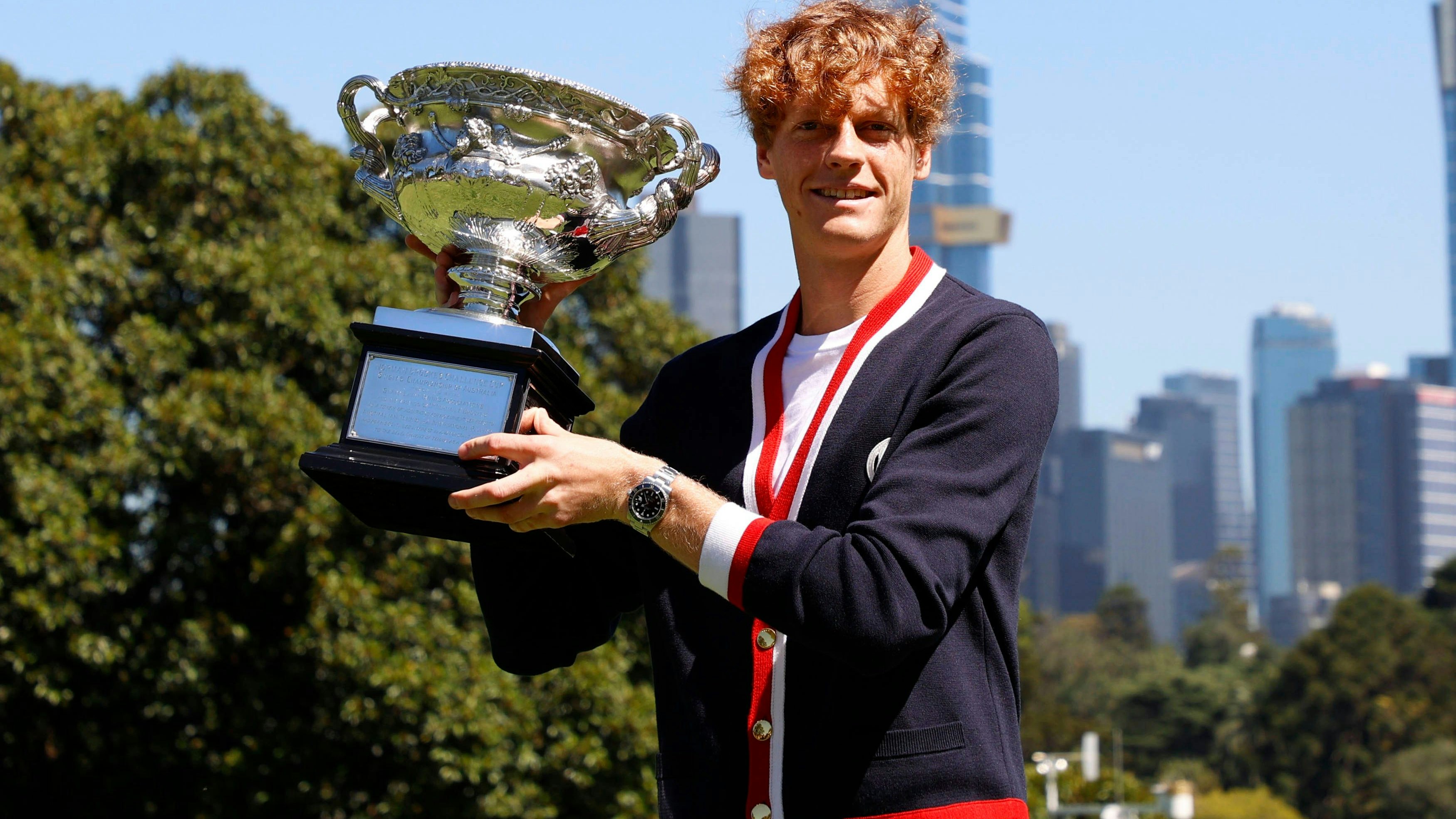 January 29, 2024, Melbourne, Victoria, Australia: Jannik Sinner of Italy poses with the Norman Brookes Challenge Cup after winning the 2024 Australian Open Final, at the Royal Botanic Gardens on January 29, 2024 in Melbourne, AustraliaJannik Sinner of Italy with the Norman Brookes Challenge Cup after winning the 2024 Australian Open Final, at the Royal Botanic Gardens on January 29, 2024 in Melbourne, Australia Melbourne Australia - ZUMAl131 20240129_zsp_l131_004 Copyright: xCiroxDexLucax
