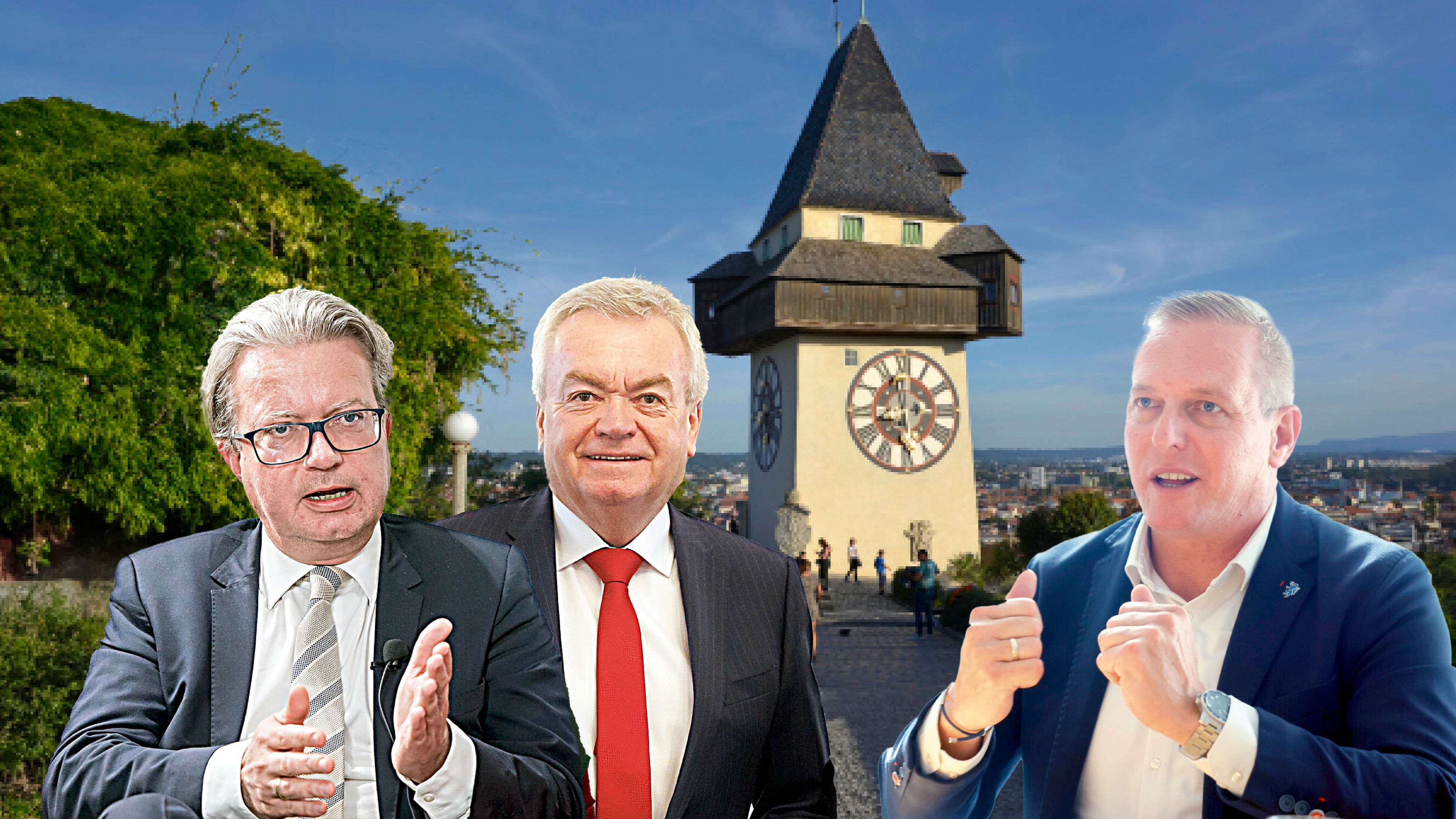 Christopher Drexler (ÖVP), Anton Lang (SPÖ) und Mario Kunasek (FPÖ, v. l.) wollen steirischer Landeshauptmann werden.