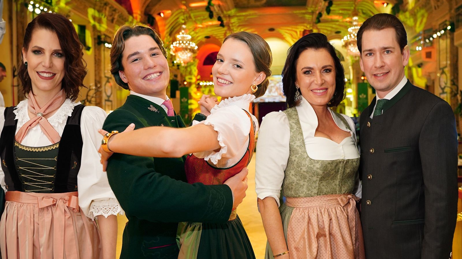 Kanzleramtsministerin Karoline Edtstadler, Debütanten xx und Alt-Kanzler Sebastian Kurz mit Ex-Ministerin Elisabeth Köstinger