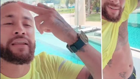 Neymar mit dem Videobeweis nach den Übergewicht-Vorwürfen.