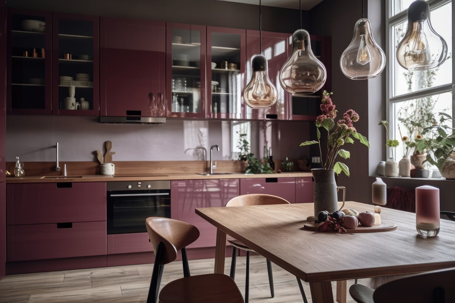 Farbtrends in der Küchengestaltung umfassen kühnes Burgunderrot, frische Teetöne und elegantes Smaragdgrün für zeitgemäße Küchenästhetik. 