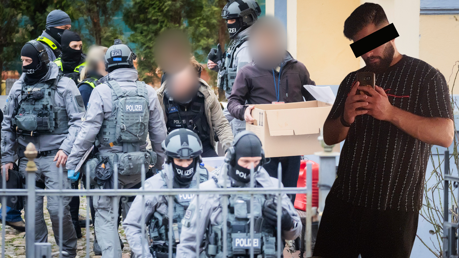 Ermittler tragen Kisten mit Beweismaterial aus der Villa in Berlin. Ein Clanmitglied versuchte sein Handy vor der Sicherstellung zu verstecken.