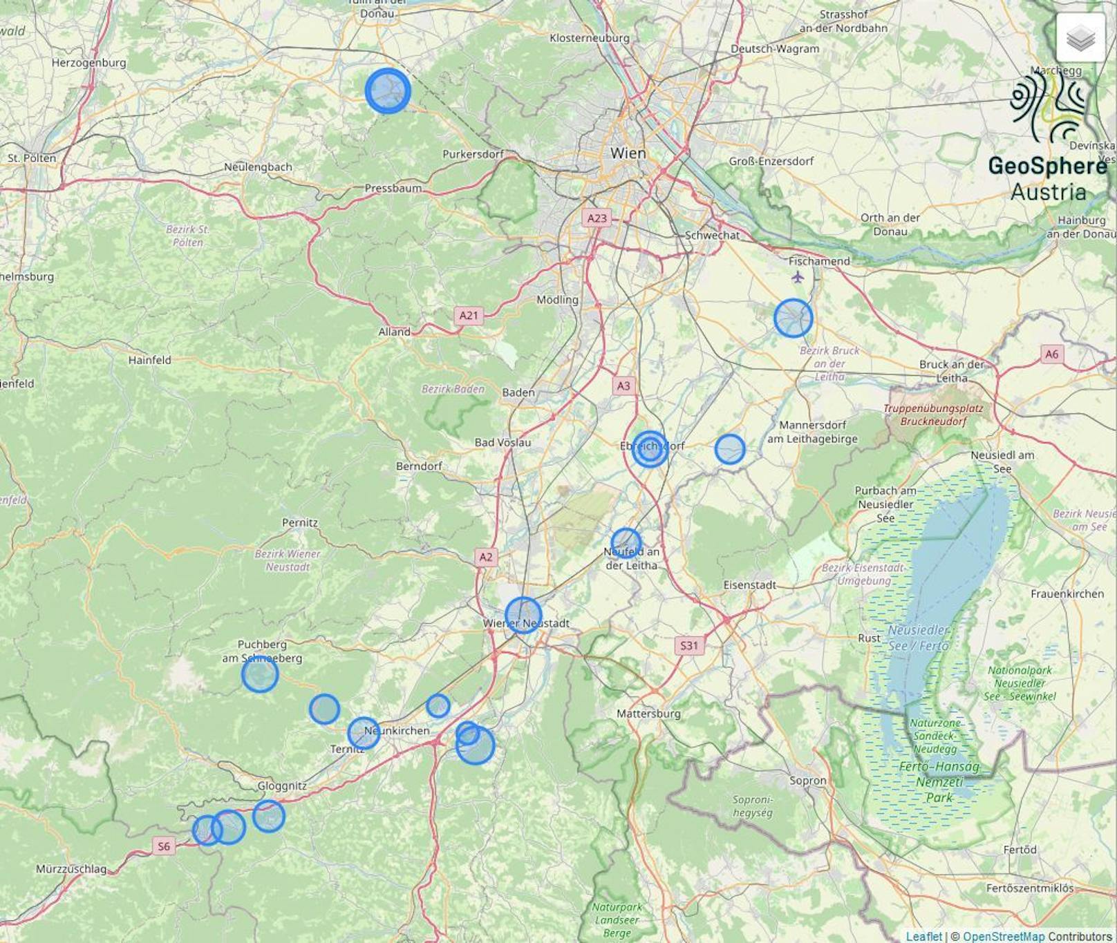 Das Erdbeben vom Donnerstag, 1. Februar, war in NÖ das 18.-stärkste dokumentierte Ereignis (wenn man die Magnitude als Kriterium nimmt). Die Karte zeigt Erdbeben in NÖ mit einer Magnitude größer gleich ML=4,5 (Auszug Österreichischer Erdbebenkatalog)