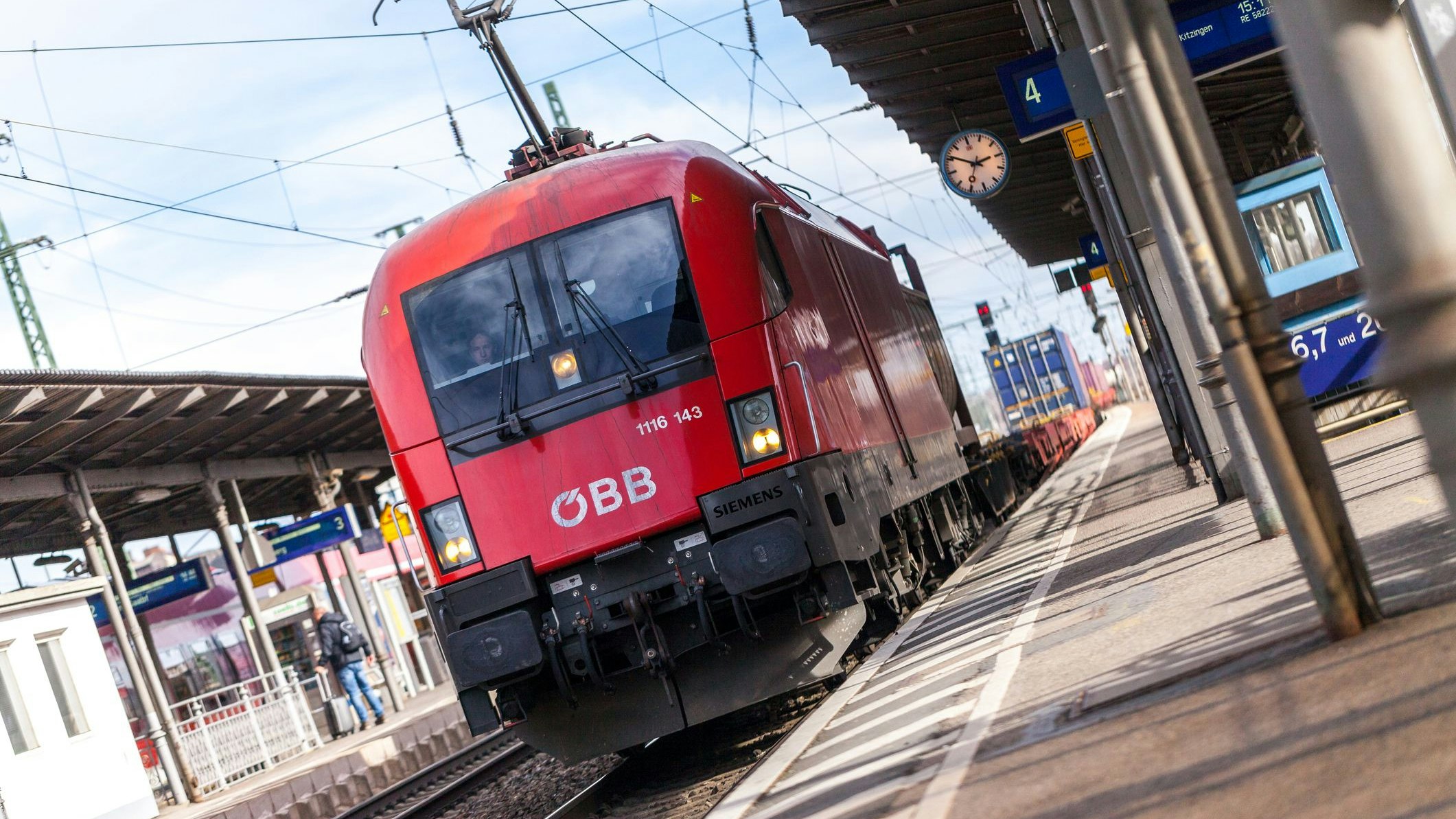 Fuerth / Germany - March 11, 2018: Freight train from OEBB Austrian Federal Railways, passes train station fuerth in germany.