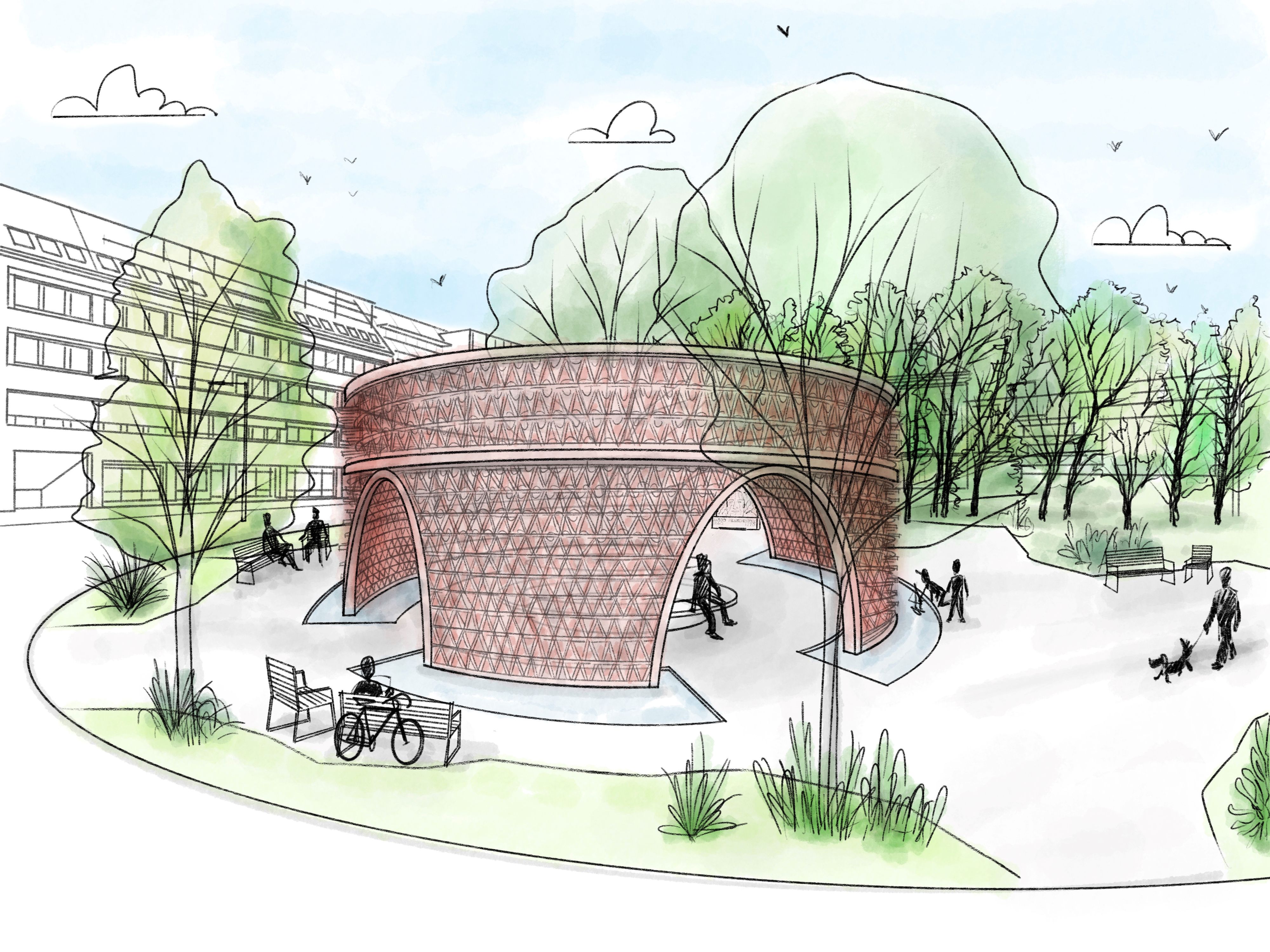 Der rund 4 Meter hohe „Windfänger“ ist eine Brunnenskulptur in Form einer oben offenen Rotunde von 13 Metern Durchmesser.