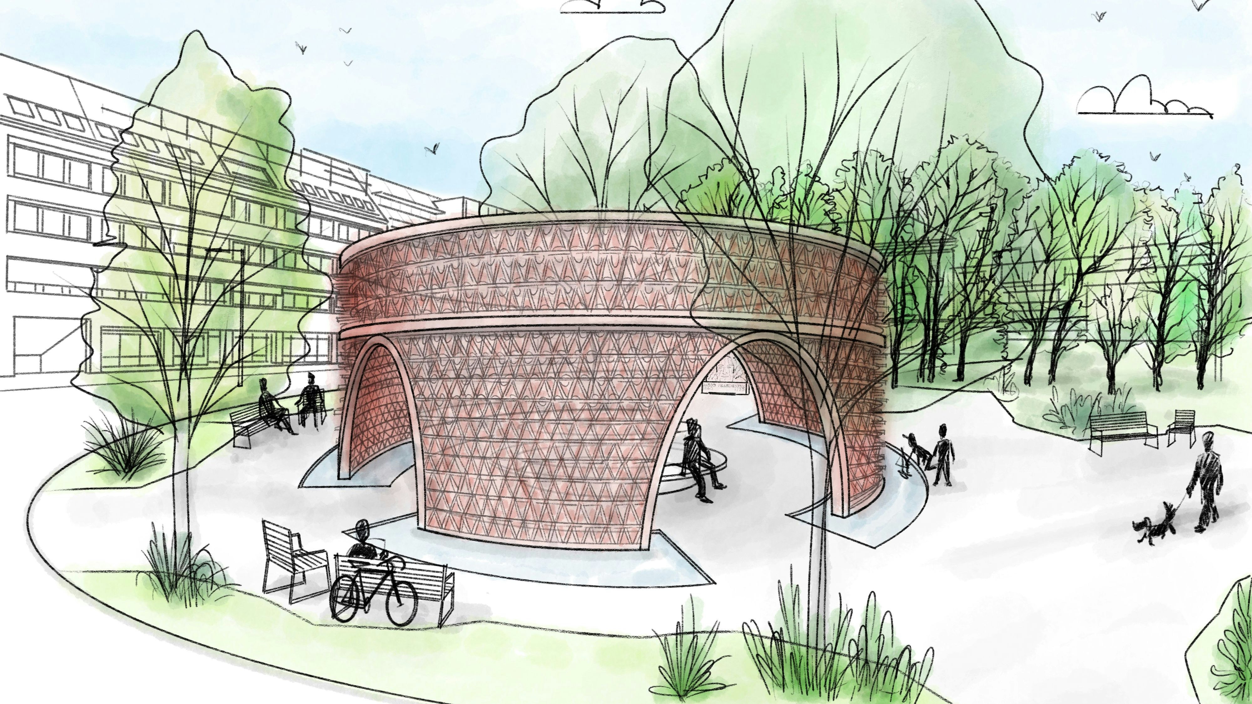 Der rund 4 Meter hohe „Windfänger“ ist eine Brunnenskulptur in Form einer oben offenen Rotunde von 13 Metern Durchmesser.