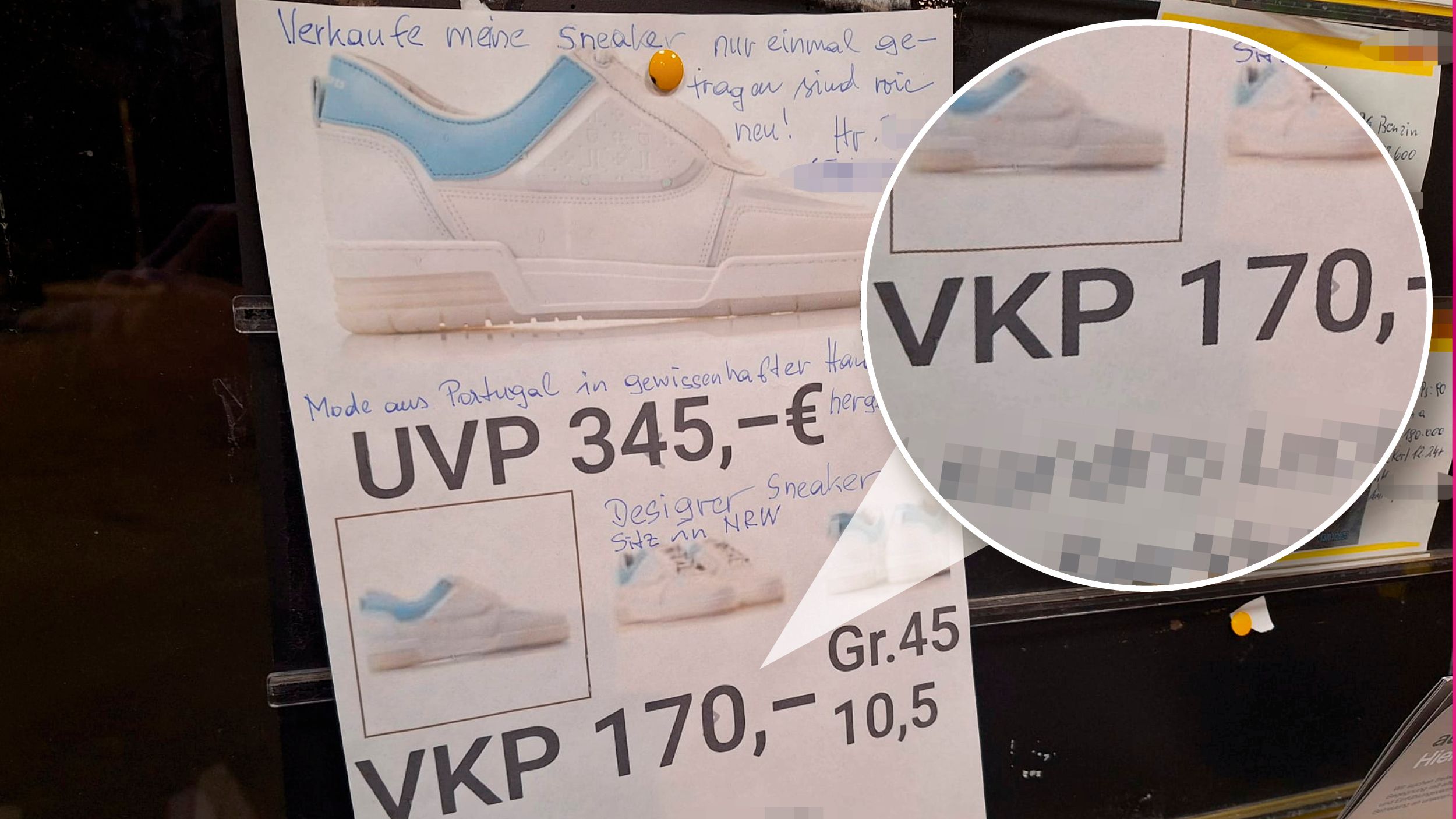 Ein Linzer verkauft diese Schuhe am schwarzen Brett eines Supermarktes um 170 Euro. Neupreis laut Verkäufer: 345 Euro.