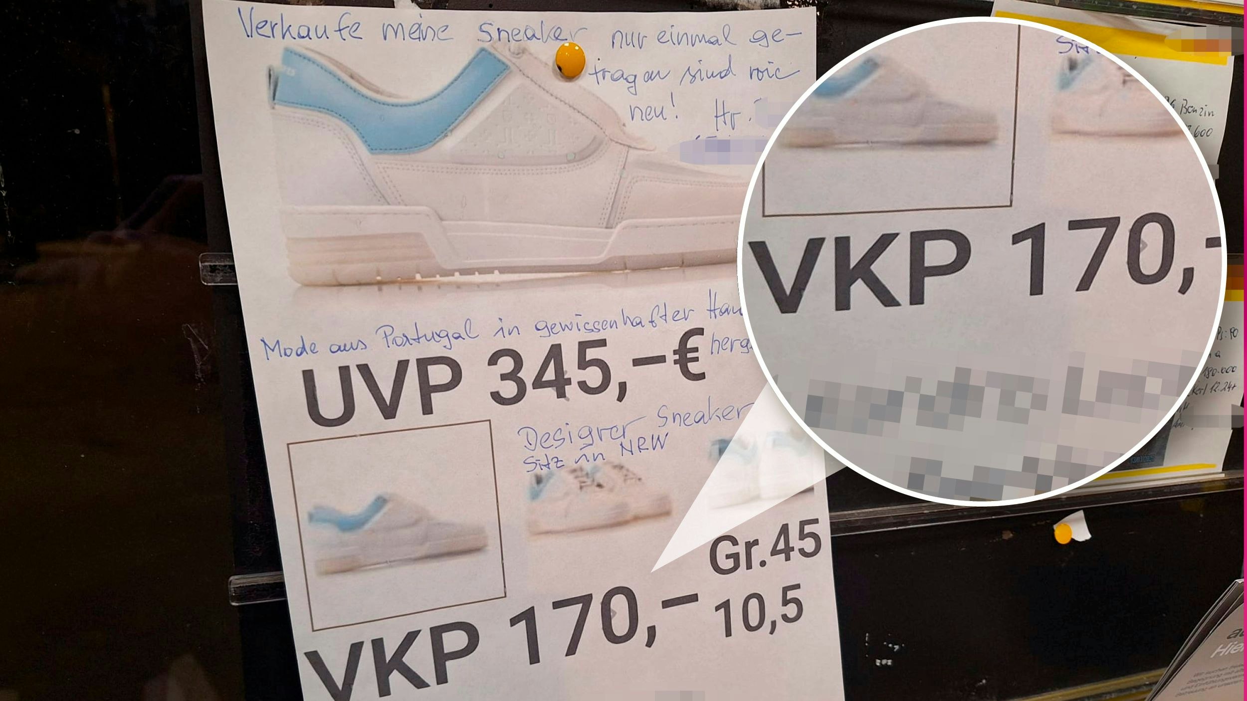Ein Linzer verkauft diese Schuhe am schwarzen Brett eines Supermarktes um 170 Euro. Neupreis laut Verkäufer: 345 Euro.