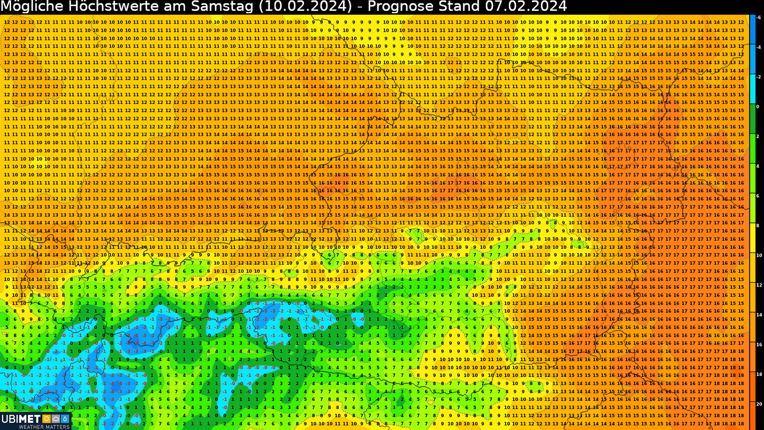 Prognose der Höchstwerte am Samstag