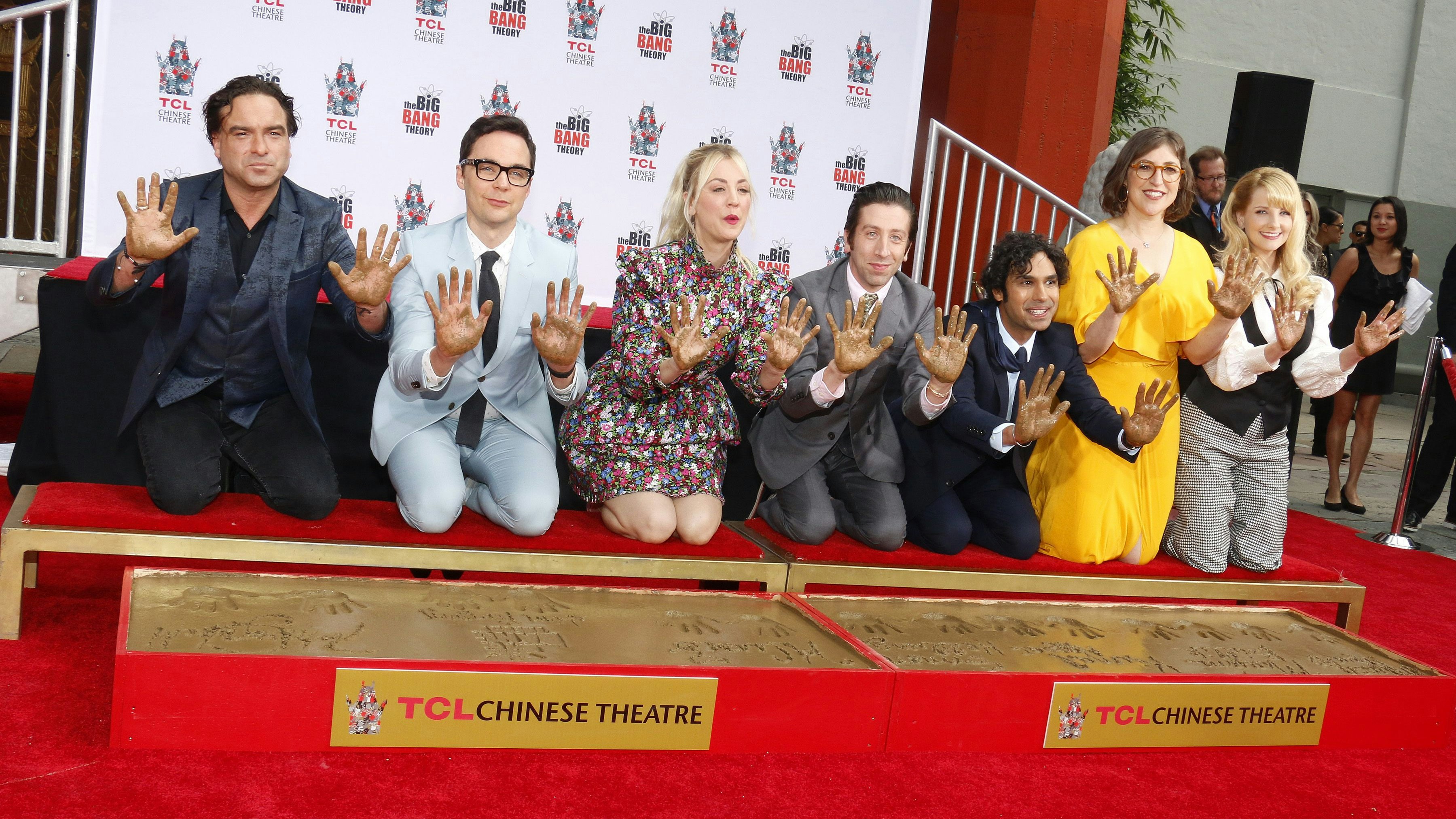 Johnny Galecki, Jim Parsons, Kaley Cuoco, Simon Helberg, Kunal Nayyar, Mayim Bialik and Melissa Rauch at the handprints ceremony for 'The Big Bang Theory' held at the TCL Chinese Theatre IMAX in Hollywood, USA on May 1, 2019.