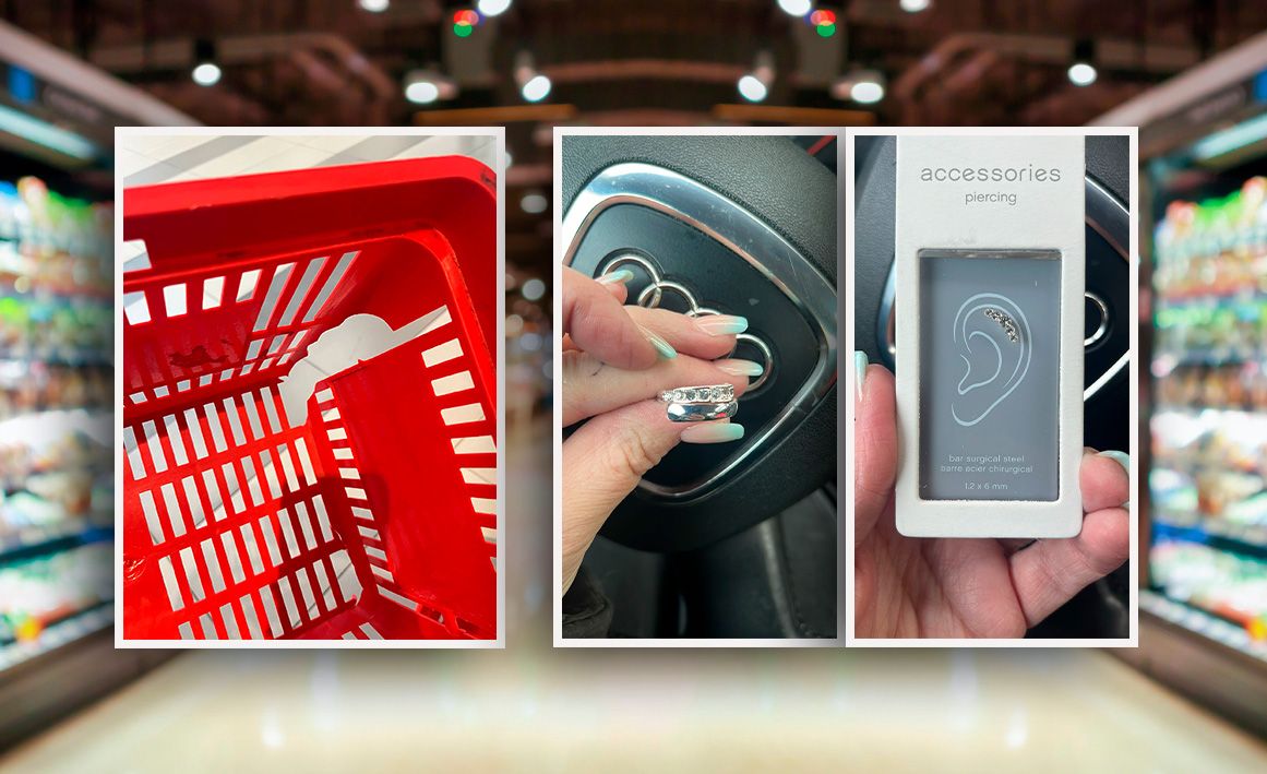 Als Eva S. beim Einkaufen der Modeschmuck aus dem kaputten Korb (l.) fiel, steckte sie Ring und Piercing (M., re.) in ihre Jackentasche und vergaß ihn abzurechnen.