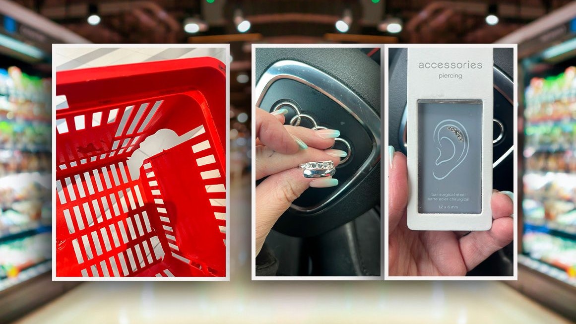 Als Eva S. beim Einkaufen der Modeschmuck aus dem kaputten Korb (l.) fiel, steckte sie Ring und Piercing (M., re.) in ihre Tasche und vergaß ihn abzurechnen.