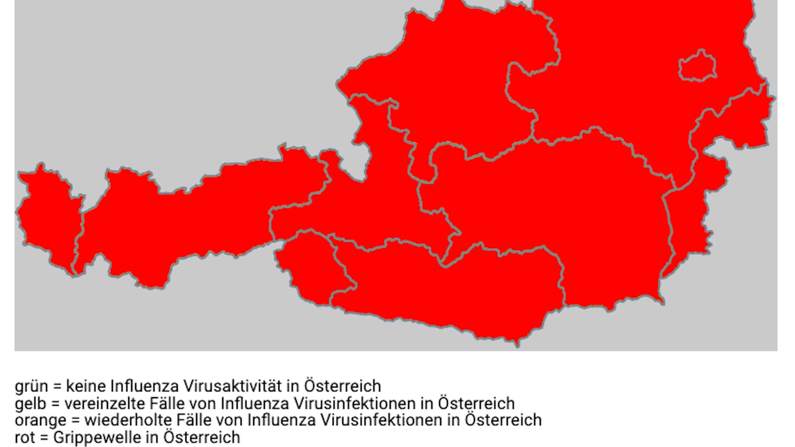 Rotes Wien im roten Österreich. Die Farbe Rot markiert die Bereiche, in denen die Grippewelle akut ist: Flächendeckend.