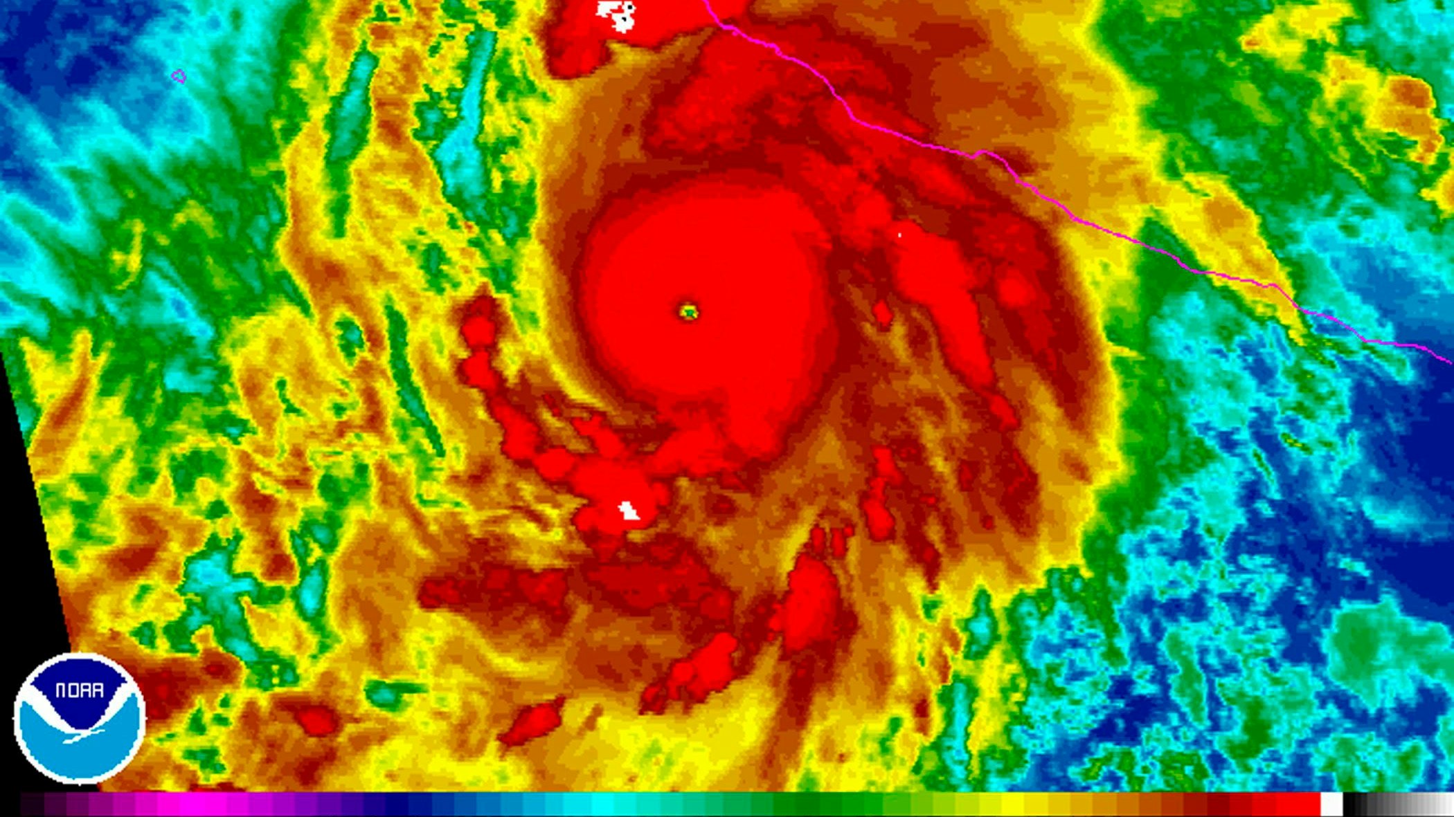 Download von www.picturedesk.com am 09.02.2024 (13:29).  epa04990417 A handout picture released by the US National Oceanic and Atmospheric Administration on 23 October 2015 shows a rainbow colored image of Hurricane Patricia as it approaches the coastline of Mexico from the Eastern Pacific. Hurrican Patricia has reached Category 5, the highest, and was heading towards southwest Mexico.The centre of the storm was around 320 km south-southwest of the city of Manzanillo at 0300 GMT, said the National Weather Centre in the United States. Patricia has windspeeds of up to 260 kilometres per hour.The storm, moving north-northwest at 17 kilometres per hour was predicted to make landfall overnight. The Mexican government declared a state of emergency in 56 localities in coastal areas. EPA/NOAA BEST AVAILABLE QUALITY HANDOUT EDITORIAL USE ONLY - 20151023_PD0321 - Rechteinfo: Rights Managed (RM) Nur für redaktionelle Nutzung!