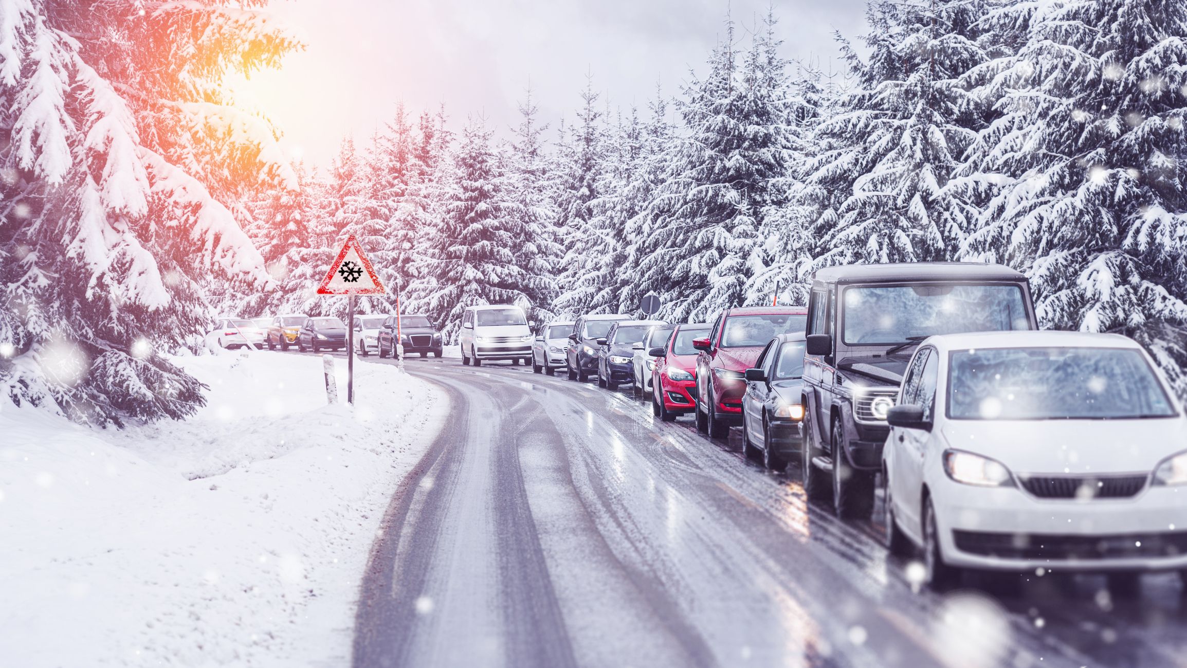 Traffic jam on a slippery road in a beautiful forest landscape