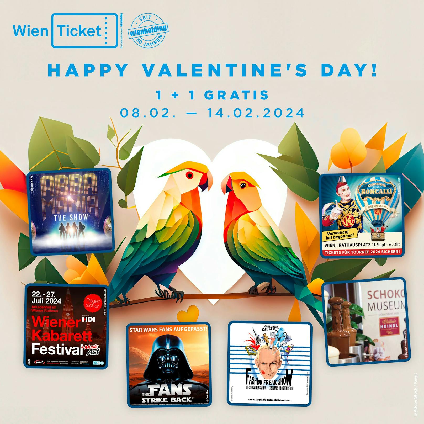Wien Ticket lädt am Valentinstag mit einer 1+1 Aktion zu zahlreichen Events in Wien.