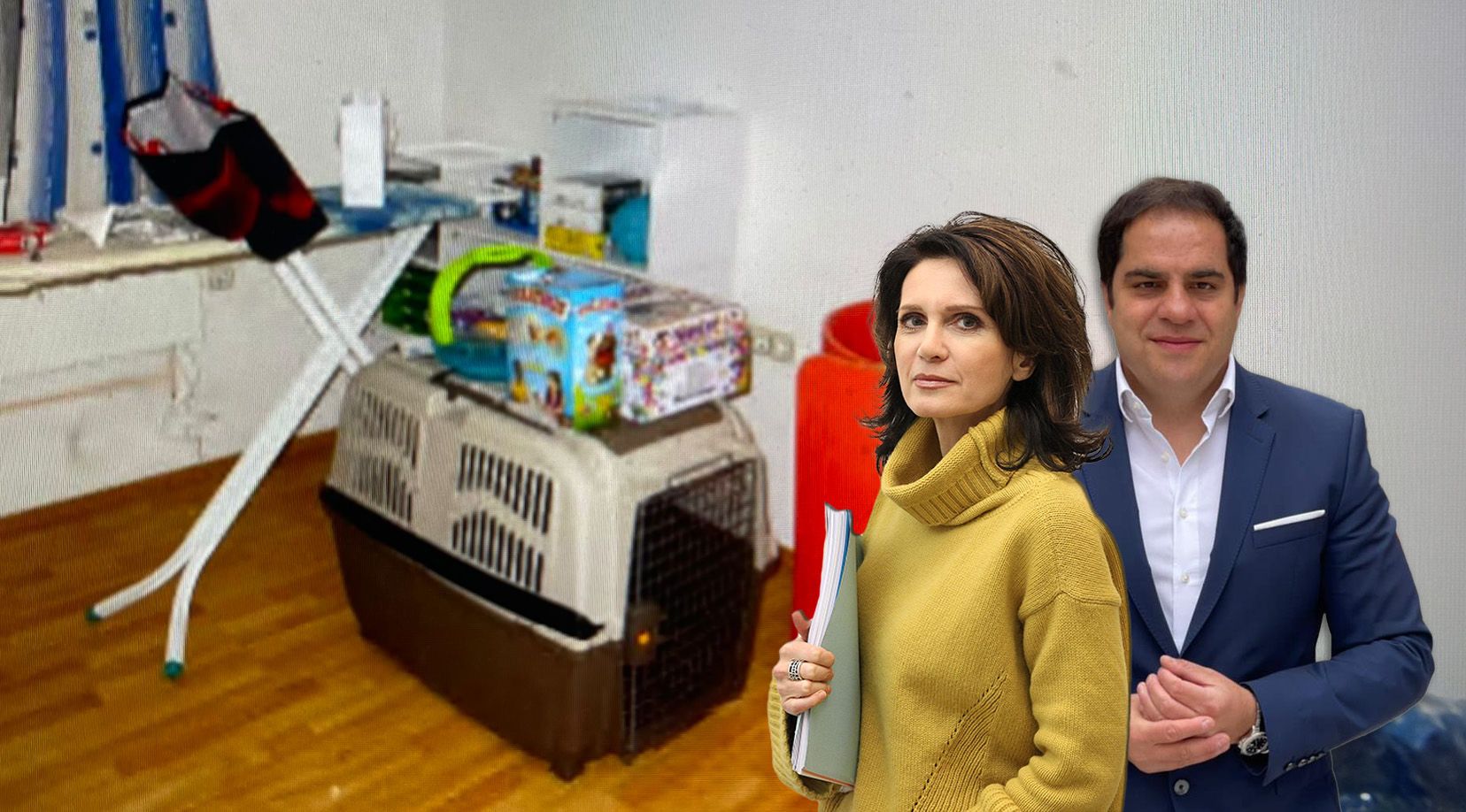 Das Anwaltsduo Astrid Wagner und Sascha Flatz verteidigt, im Hintergrund die Box, in der das Kind eingesperrt wurde.