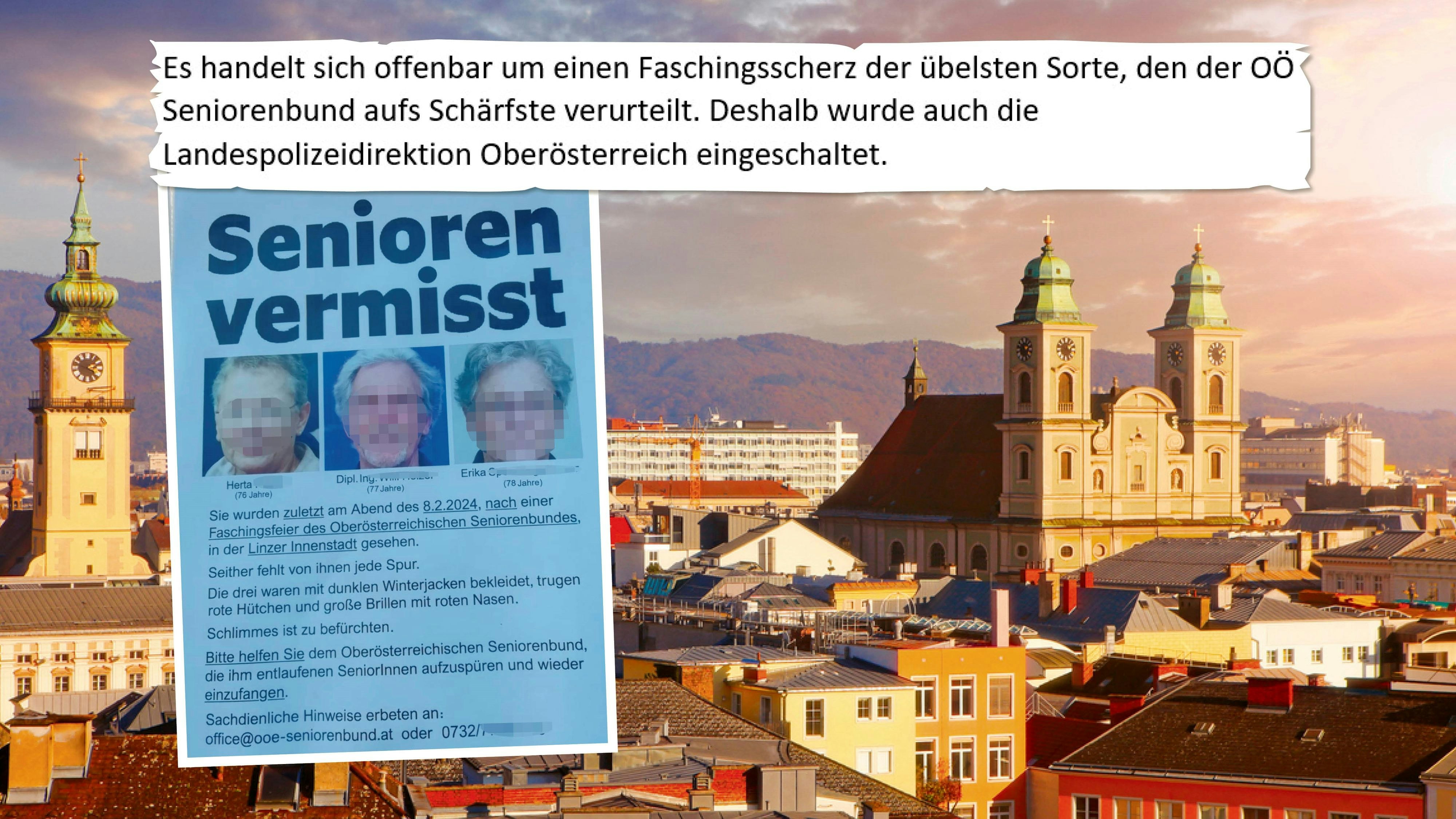 "Faschingsscherz der übelsten Sorte": Der OÖ Seniorenbund reagiert auf echt wirkende Vermisstenplakate in Linz.
