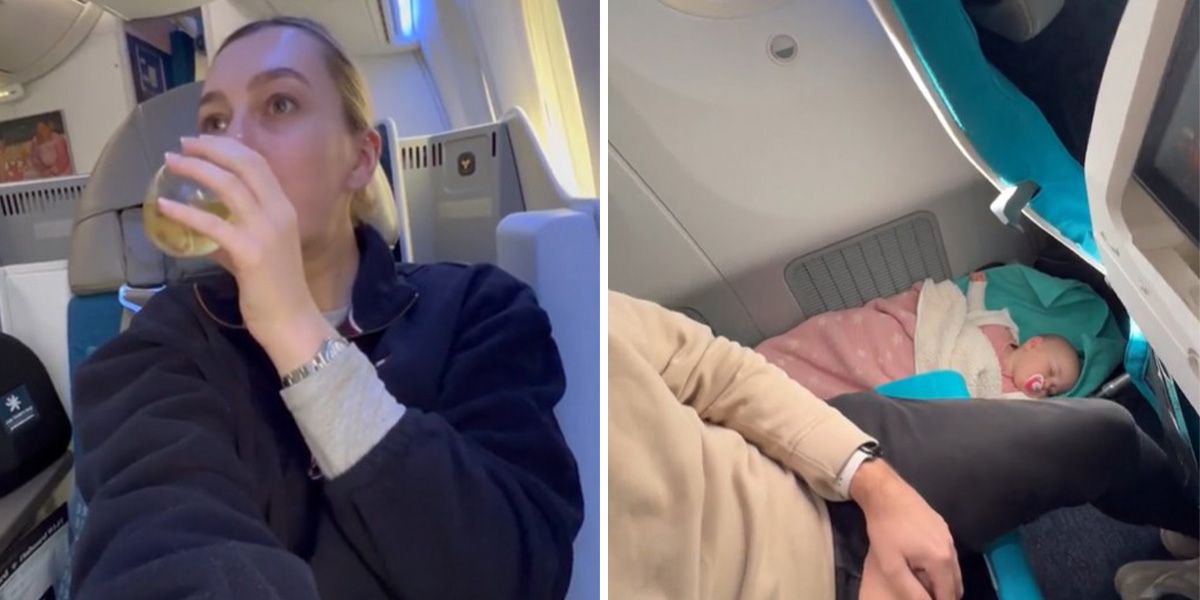 Ellis Cochlin (li.) verbrachte den Flug in der luxuriösen Business Class. Ihr Freund und Baby-Tochter (re.) in der Economy.