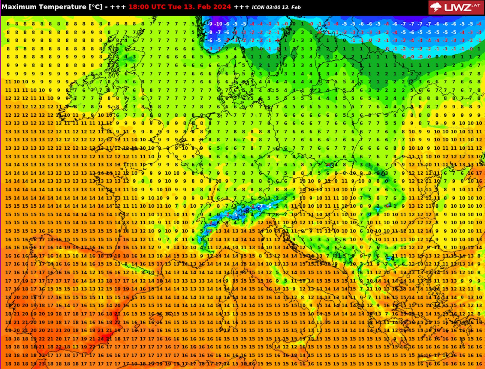 Die Temperatur-Höchstwerte in Österreich am Dienstag, 13. Februar 2024. 