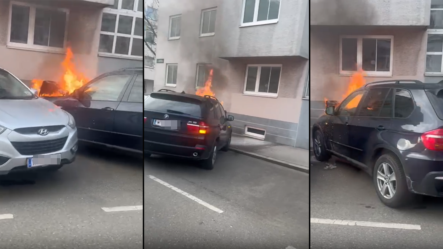 Feuerwehreinsatz in Wien-Penzing: Ein geparkter BMW X5 brannte lichterloh.