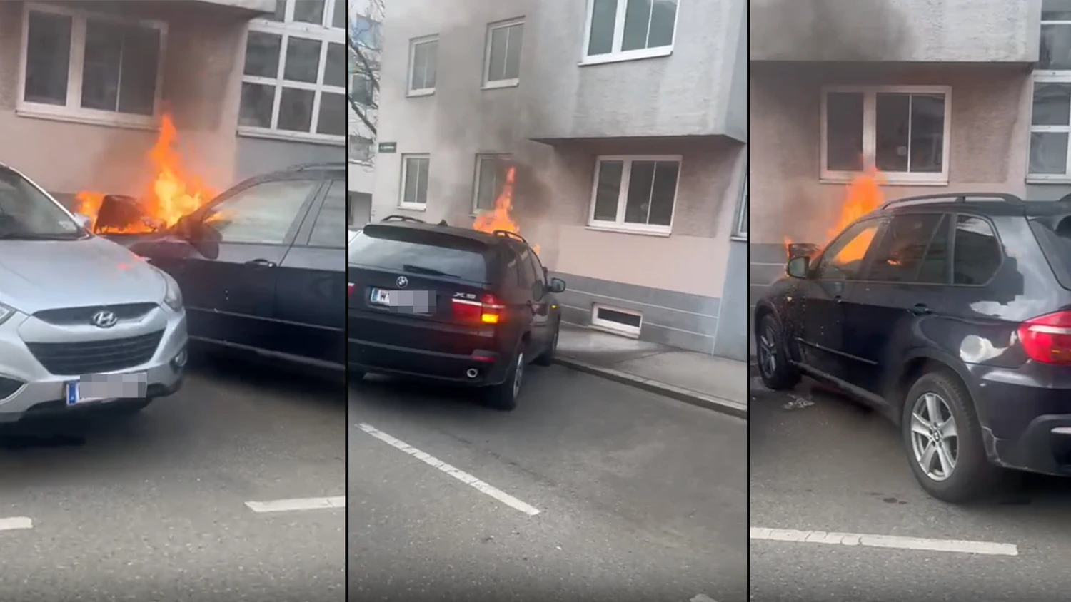 Feuerwehreinsatz in Wien-Penzing. Ein geparkter BMW X5 brannte lichterloh.