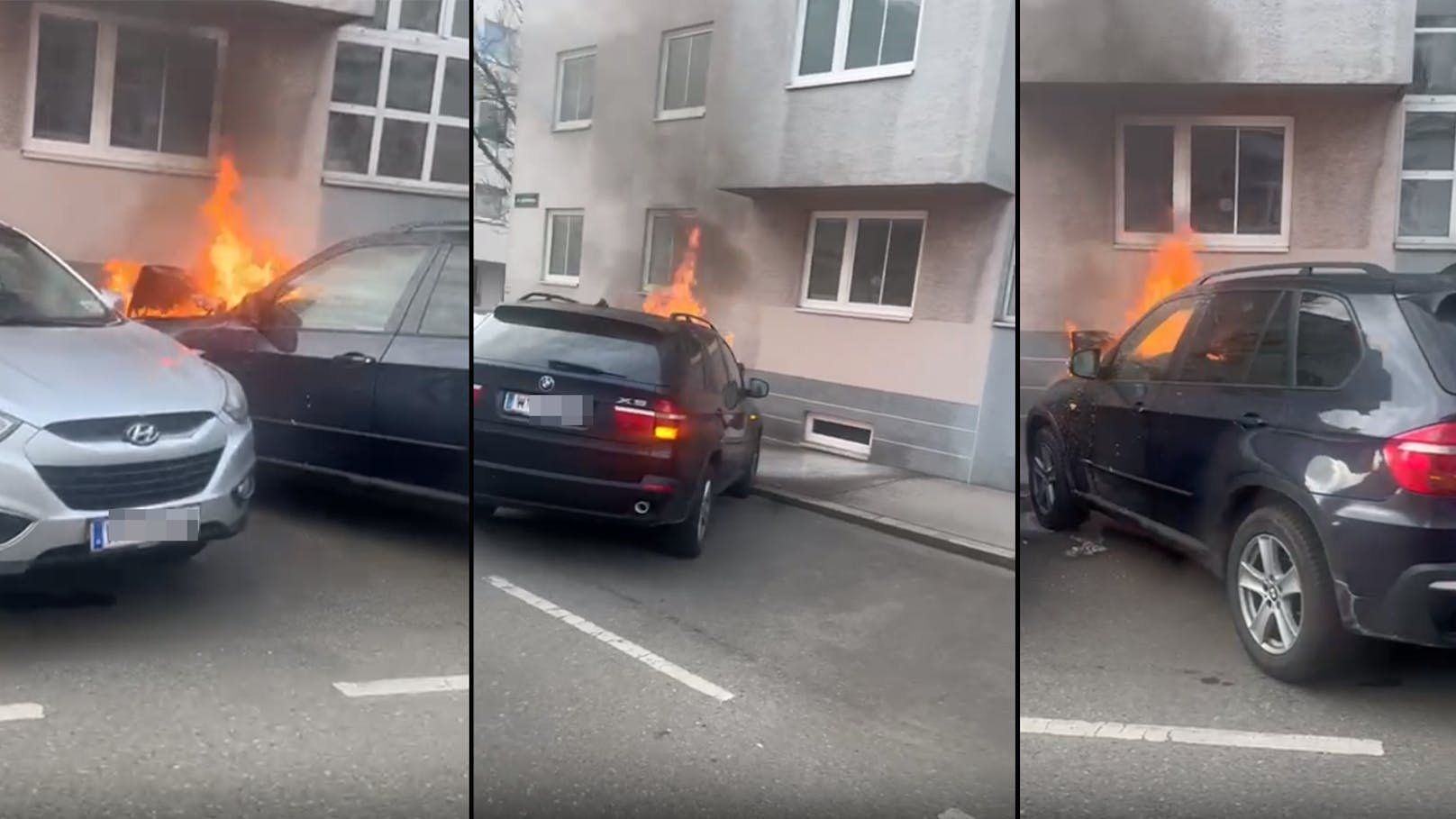 BMW in Wien fängt mitten auf Parkplatz an zu brennen