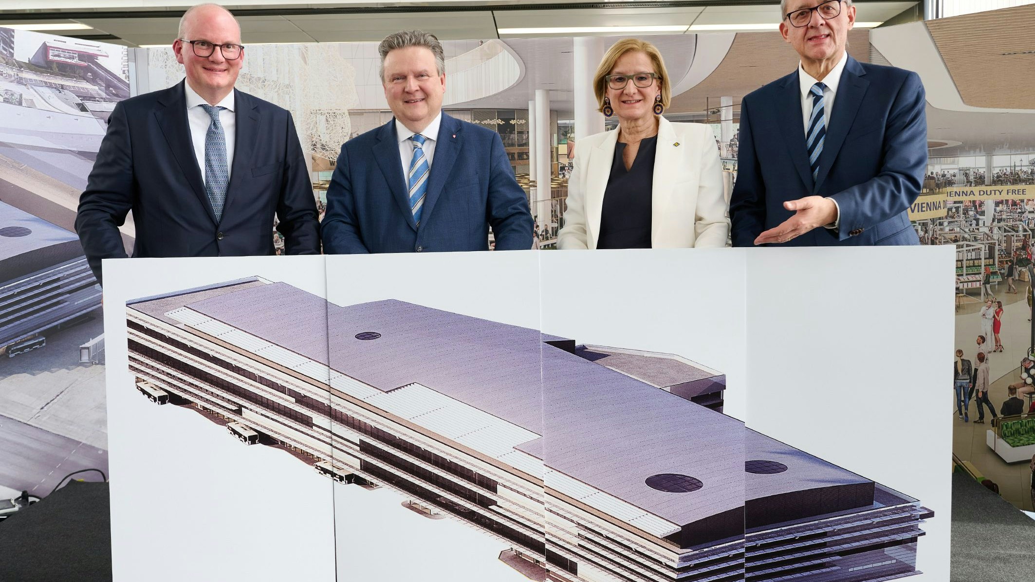 Stellten das 420 Millionen Euro-Projekt vor: Flughafen-Vorstand Julian Jäger, Bürgermeister Michael Ludwig, Landeshauptfrau Johanna Mikl-Leitner und Flughafen-Vorstand Günther Ofner.