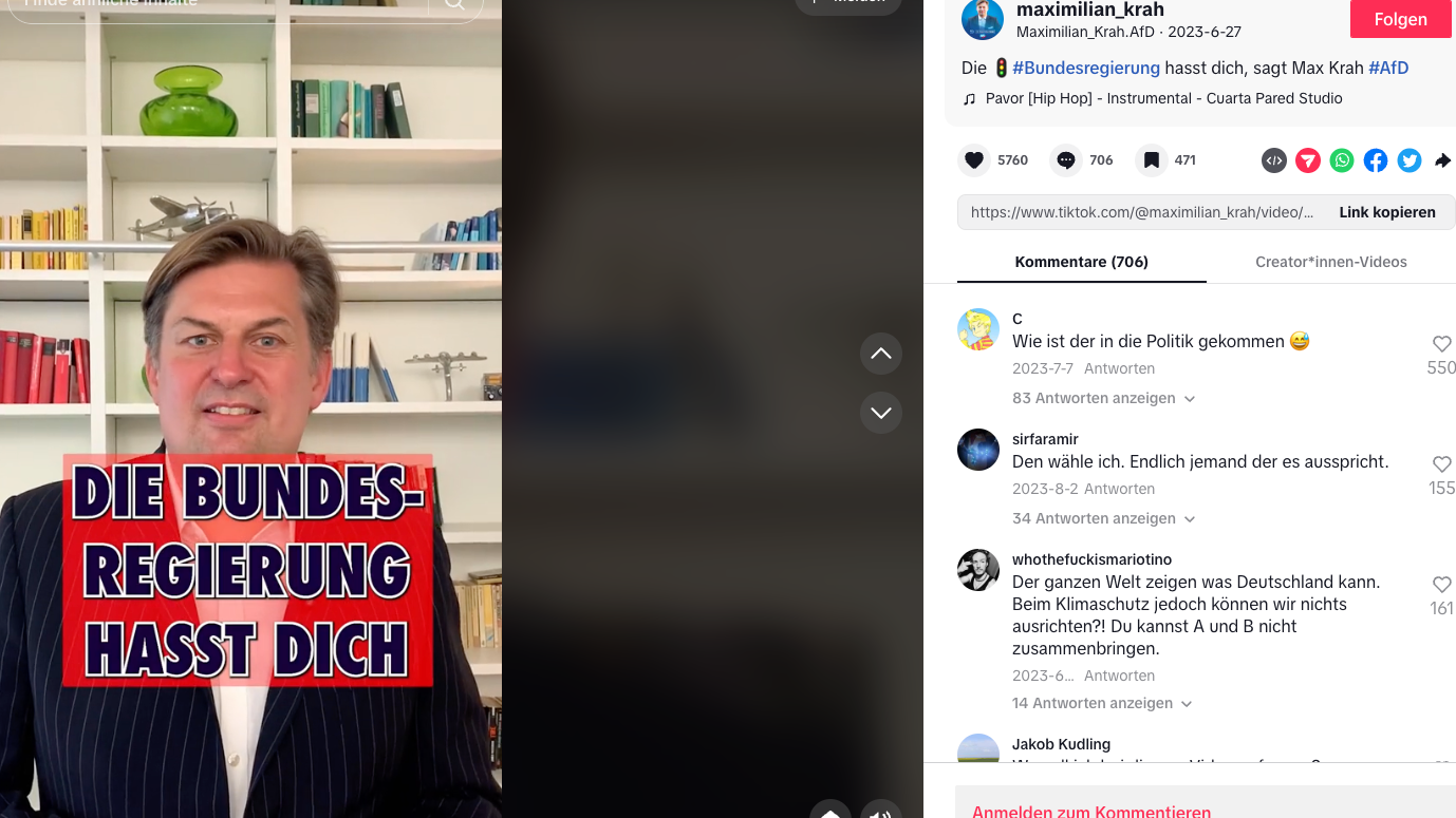 Ein Tiktok-Video, in dem Maximilan Krah gegen die Ampel-Regierung hetzt