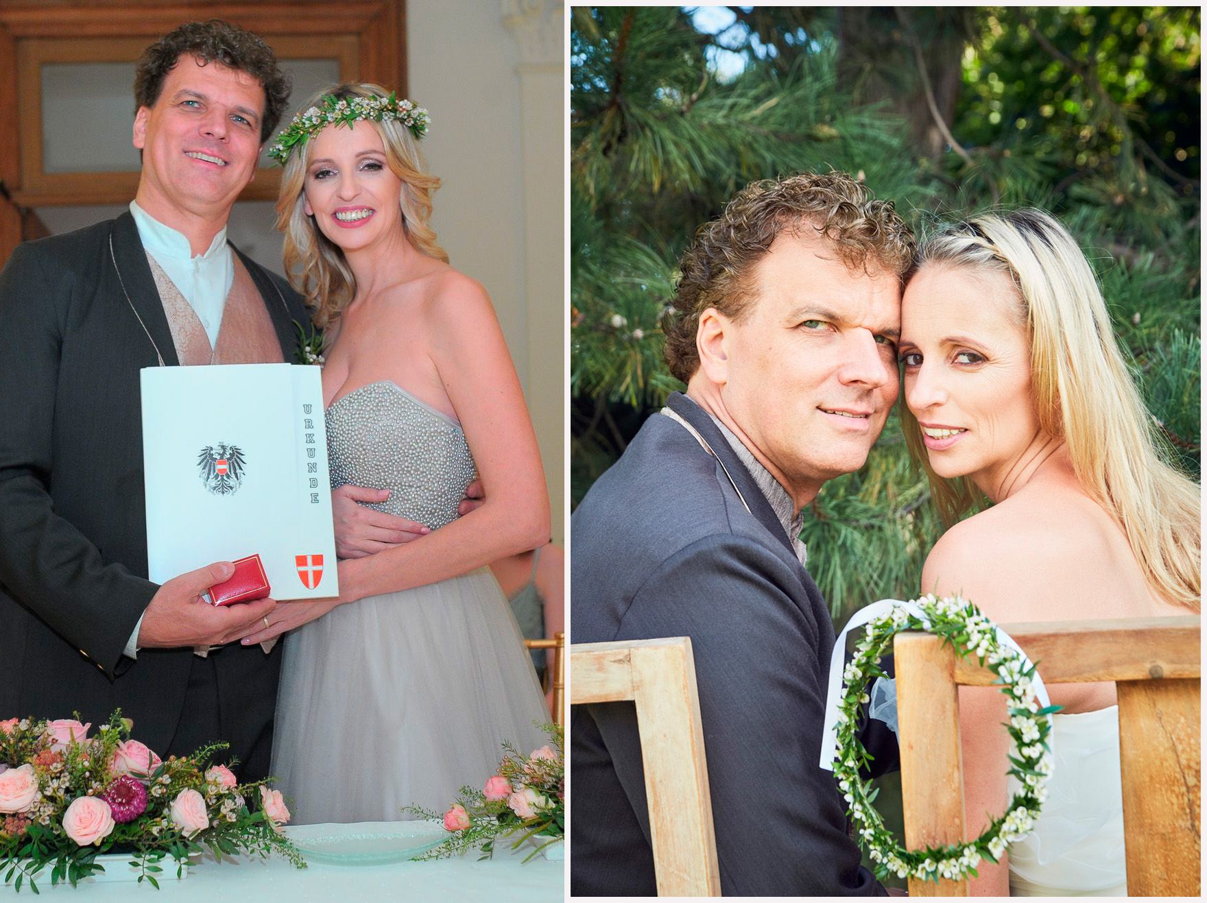 Gesine Görlich-Fletzberger und Ehemann Matthias Fletzberger mussten ihre ersten, unnatürlichen und schlecht belichteten Hochzeitsfotos (l.) nochmal schießen lassen (re.). Nun bietet die Wienerin das Service anderen Unzufriedenen an.