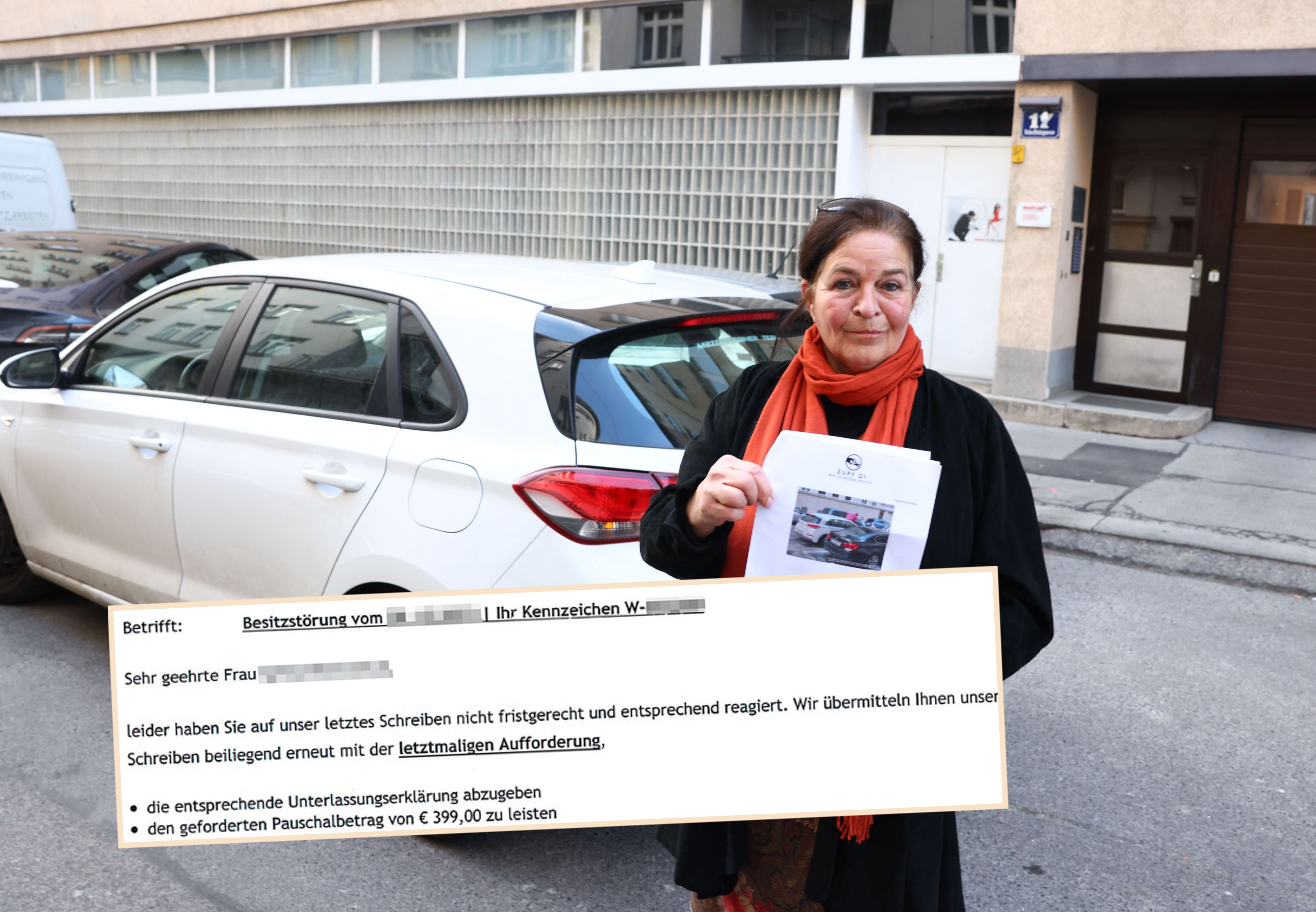 Gabriele F. (63) parkte bei der Garagen-Ausfahrt, wird die 399 Euro Strafe aber nicht zahlen.