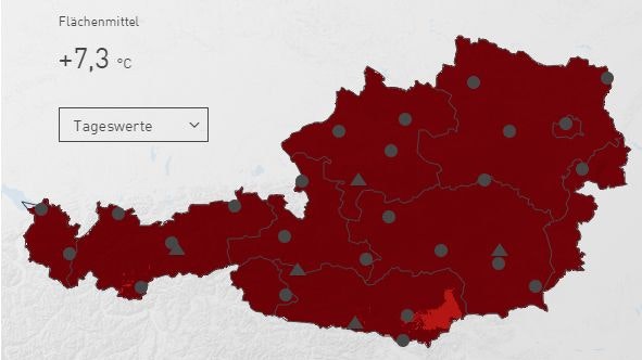 Abweichung der Monatsmittelwert der Lufttemperatur für Februar 2024 (bis 16.2.) zum Klimamittel von 1961-1990.