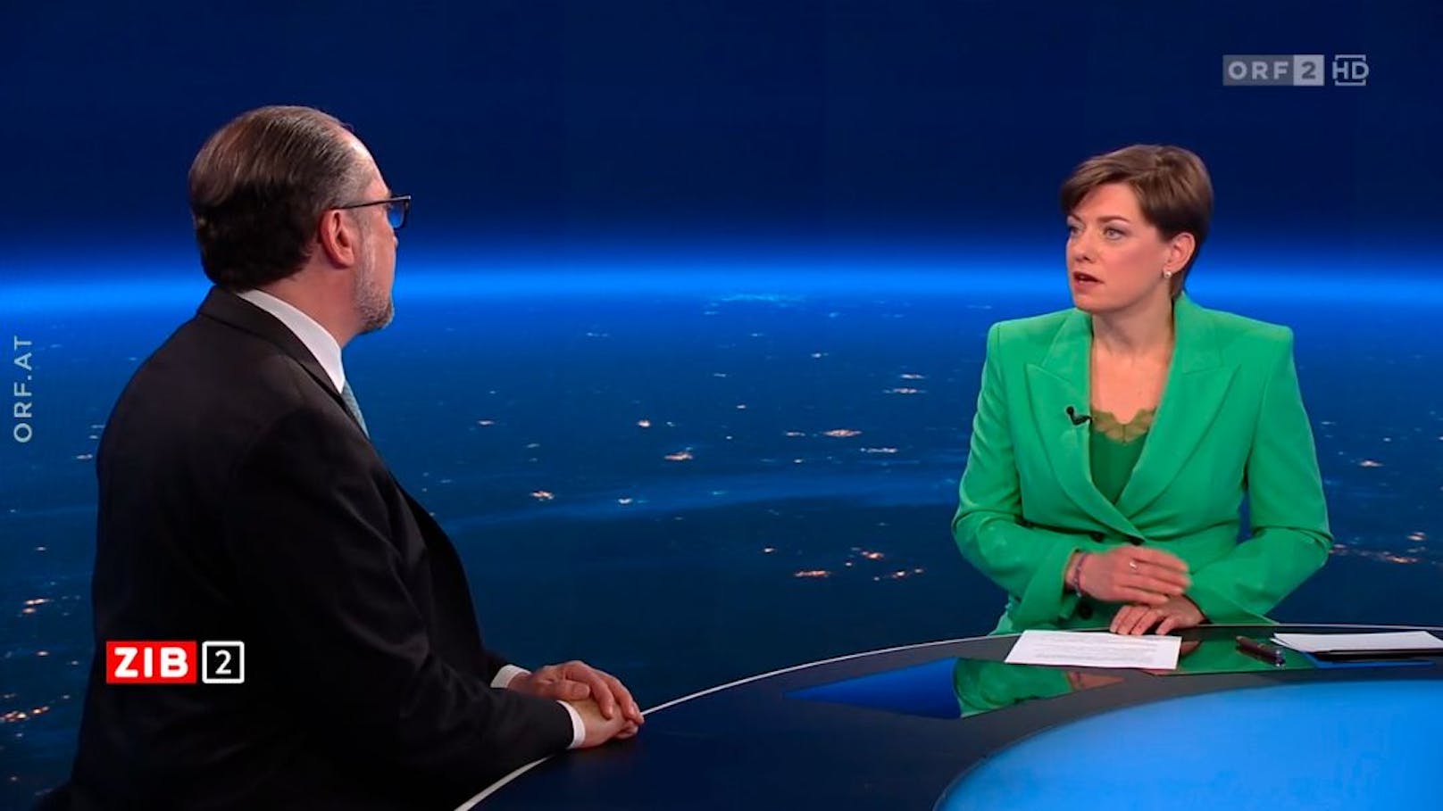 Außenminister Alexander Schallenberg (VP) zu Gast in der ZIB2 bei Marie-Claire Zimmermann am 18. Februar 2024.