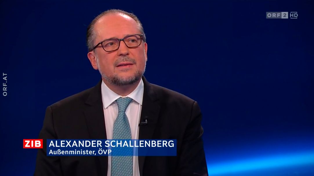 Außenminister Alexander Schallenberg (VP) zu Gast in der ZIB2 bei Marie-Claire Zimmermann am 18. Februar 2024.
