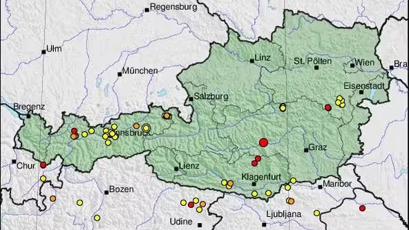 In Tirol kommt es seit Jahresbeginn immer wieder zu leichten Erdbeben. Allein im Jänner wurden im Raum St. Johann über 350 Erdstöße registriert, 41 waren wahrnehmbar. (Im Bild: Übersicht der Erdbeben in Österreich vom 5. bis 19. Februar)