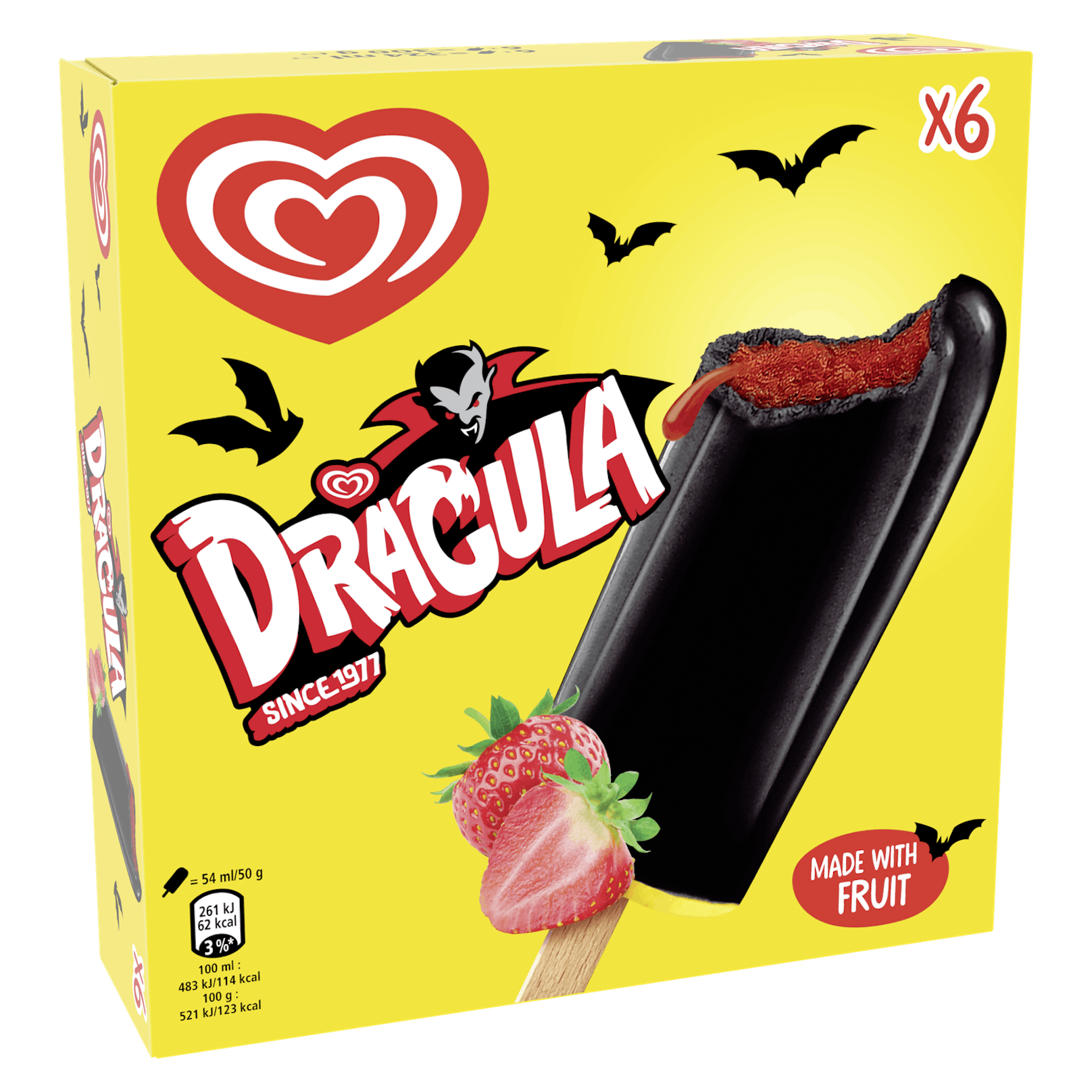 Dracula: Eis-Spaß mit Biss! Wassereis mit Colageschmack in Kombination mit Eis mit cremigem Vanille- und fruchtigem Erdbeergeschmack. Für Groß und Klein und schauderhaft gut. 6er-Packung: 5,79 Euro