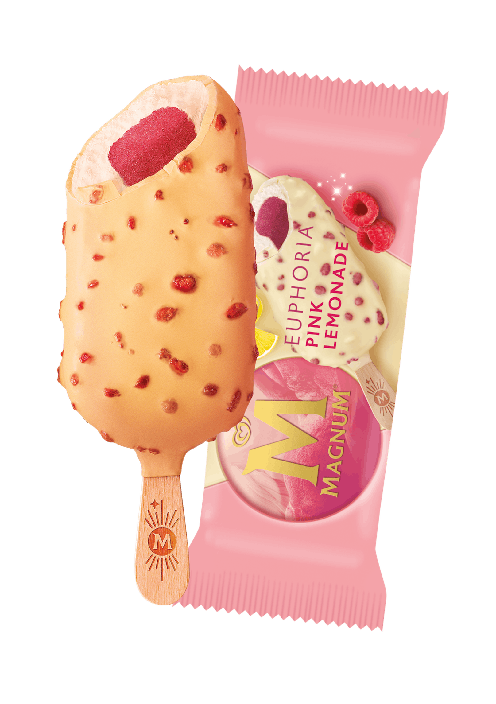 Magnum Mini Euphoria Pink Lemonade: Erfrischendes Zitroneneis trifft auf einen Kern aus fruchtigem Himbeersorbet, umhüllt von weißer Schokolade und Knisterstückchen. Einzeln 2,80 Euro, oder in der 6-Stück-Magnum-Mini-Packung für 6,99 Euro.