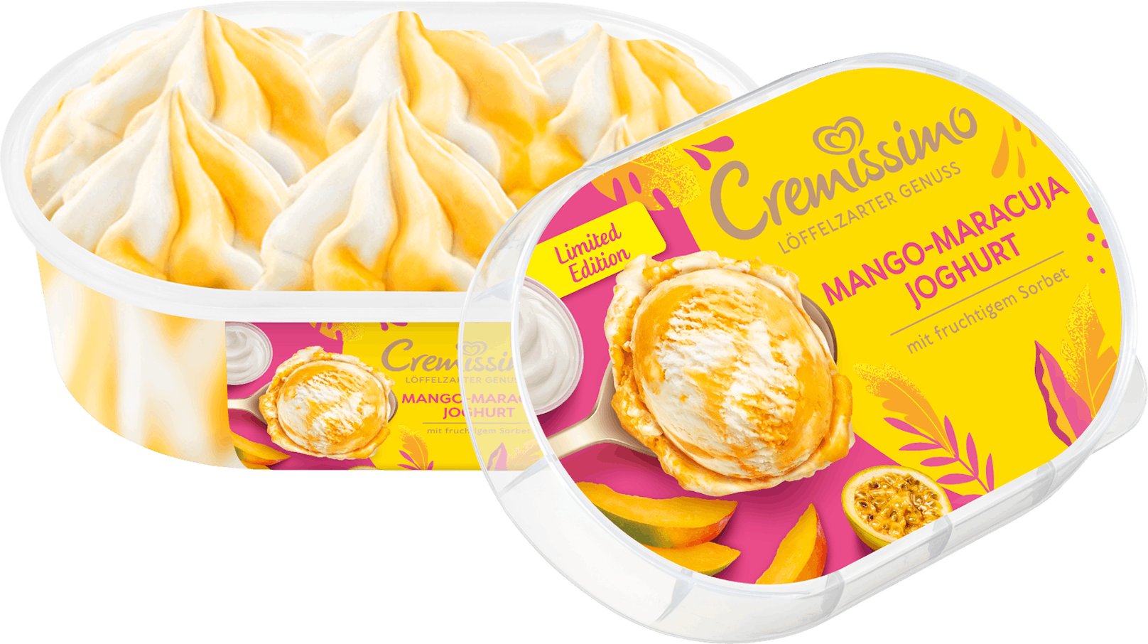 Cremissimo Mango-Maracuja Joghurt: Der neue, fruchtige Sommer-Genuss: Cremiges Eis mit Joghurt und fruchtiges Mango-Maracuja-Sorbet sorgen für eine genussvolle Erfrischung an lauen Sommerabenden. 825ml-Packung: 5,99 Euro.