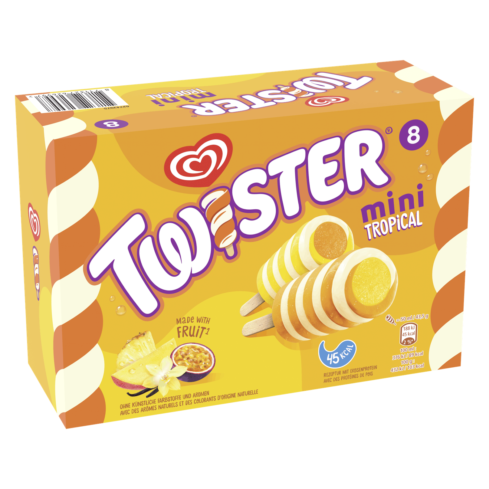 Twister Mini Tropical: Quirlig verdreht und tropisch fruchtig. Das ist der neue Twister Mini Tropical. Exotisches Fruchtsorbet, Ananasfruchteis und ein Vanilleeis-Stream auf pflanzlicher Basis. 8er-Packung: 6,79 Euro