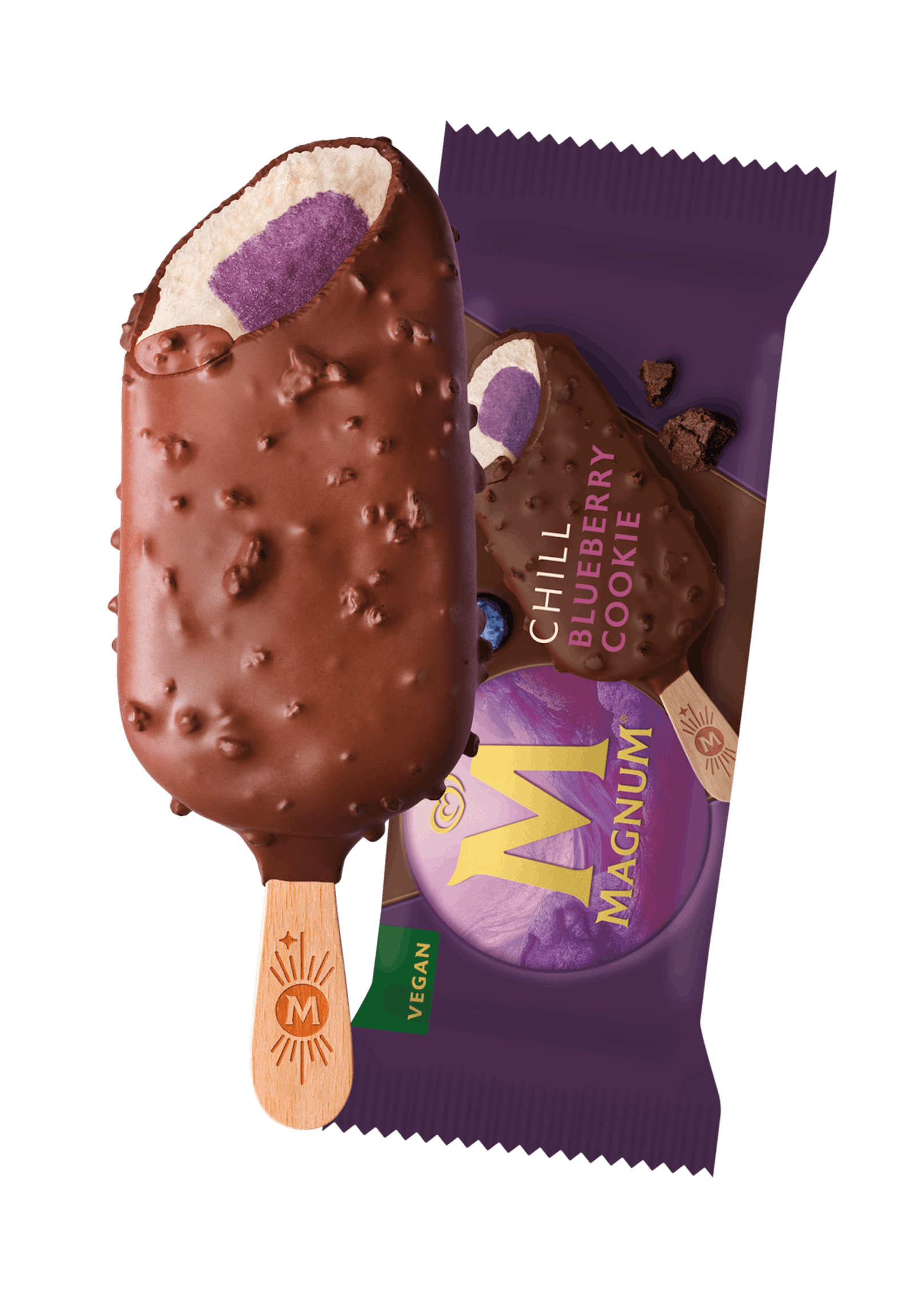 Neu in der Magnum-Welt: Chill Blueberry Cookie – Vegane Komposition aus Eis mit Vanille-Keks-Geschmack und fruchtigem Heidelbeersorbetkern. Die Hülle ist aus Schokolade mit knusprigen Keksstückchen. Im Dreier-Pack 6,99 Euro oder einzeln 2,80 Euro